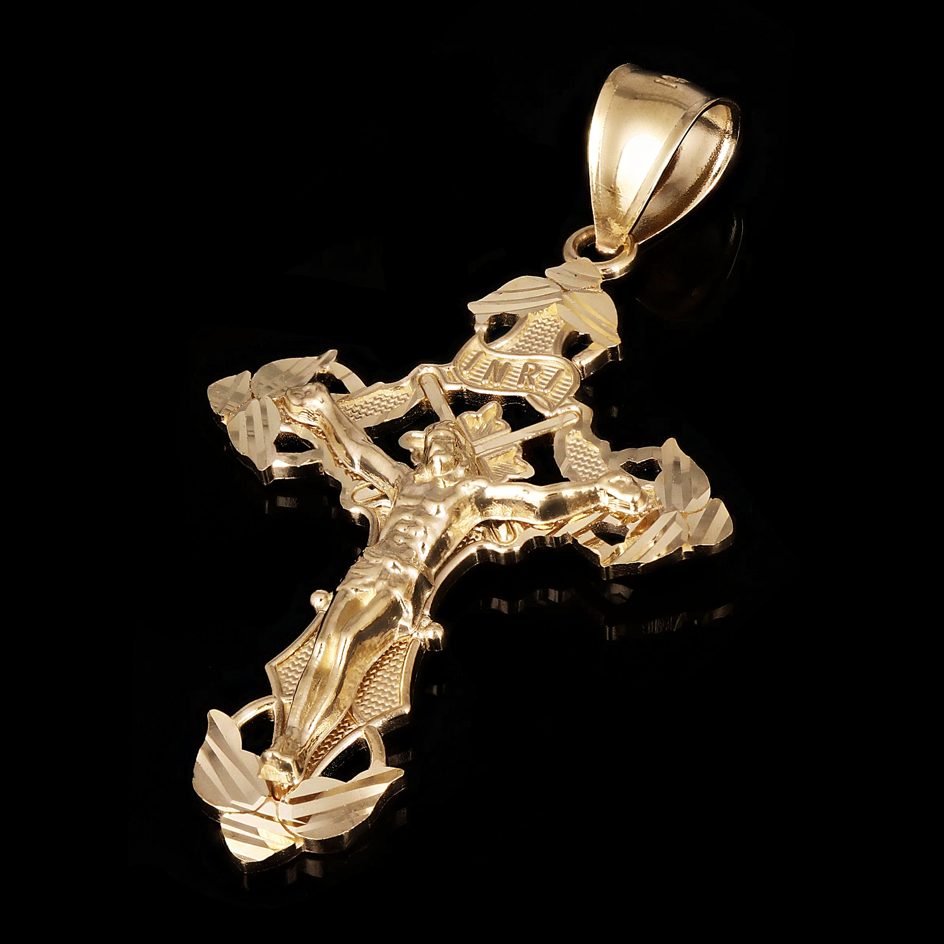 14k Yellow Gold INRI Christ Passion Cross Crucifix Charm Pendant 1.8" 4.5 grams