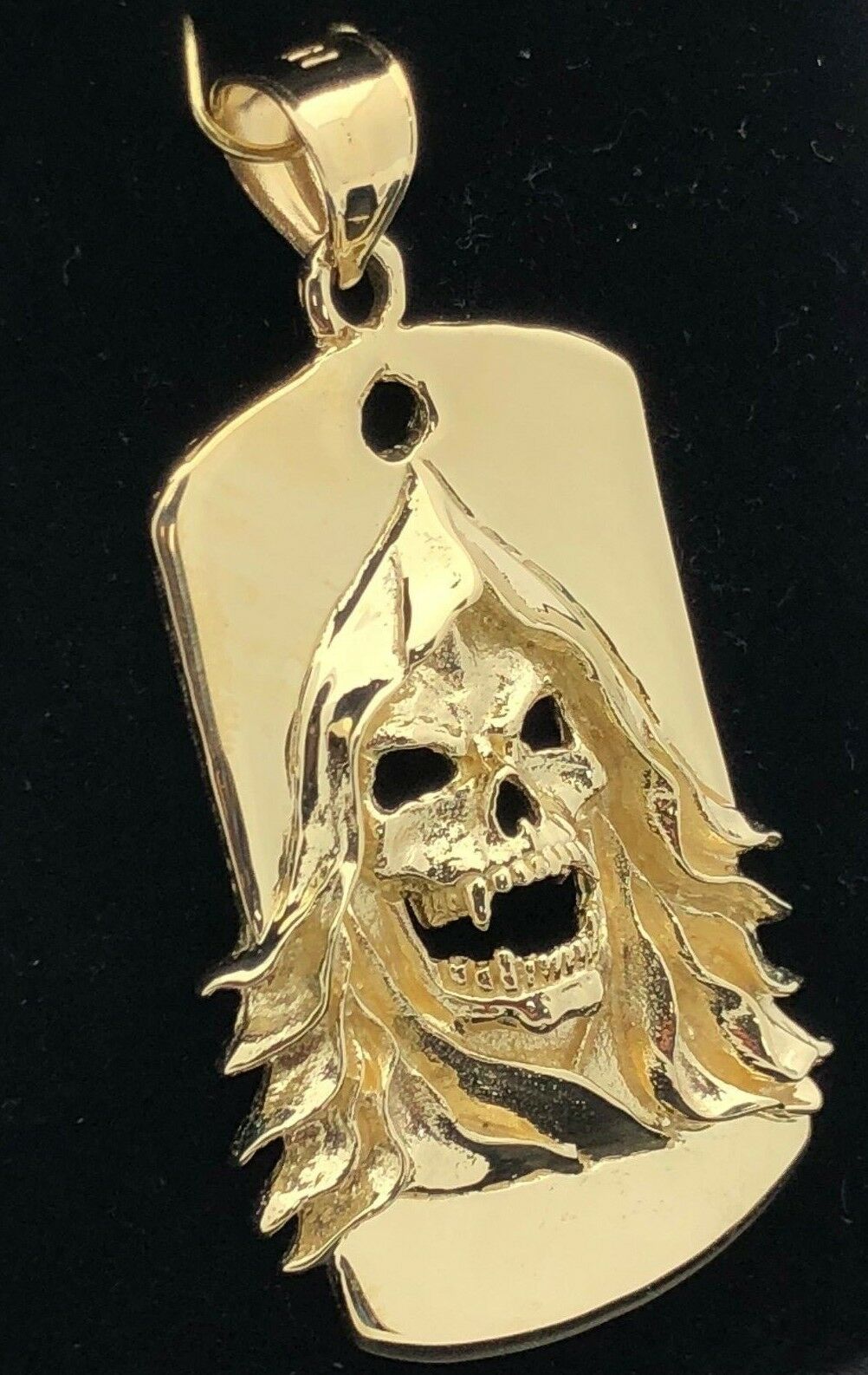 14k Yellow Gold Biker Punk Gothic Skull Face Dog Tag Pendant 13.5g