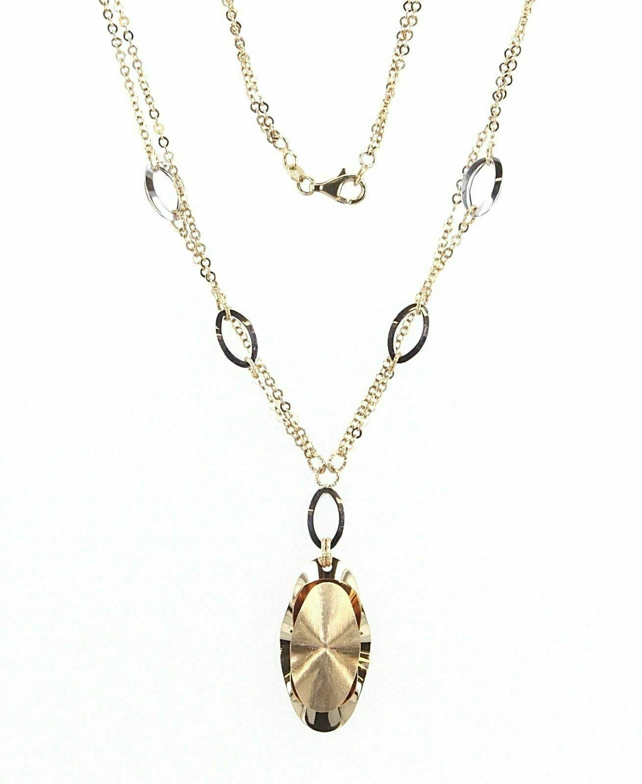 Italian 14k Two Tone Gold Oval Charm Chain Statement Necklace Double Rolo 17"