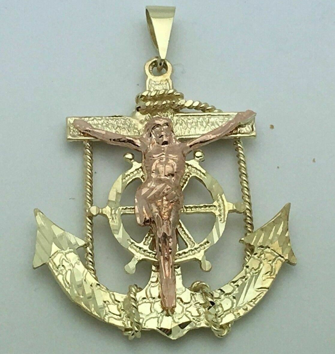 10k Two Tone Gold Jesus Christ Crucifix Anchor Mariner Pendant 8.1 grams