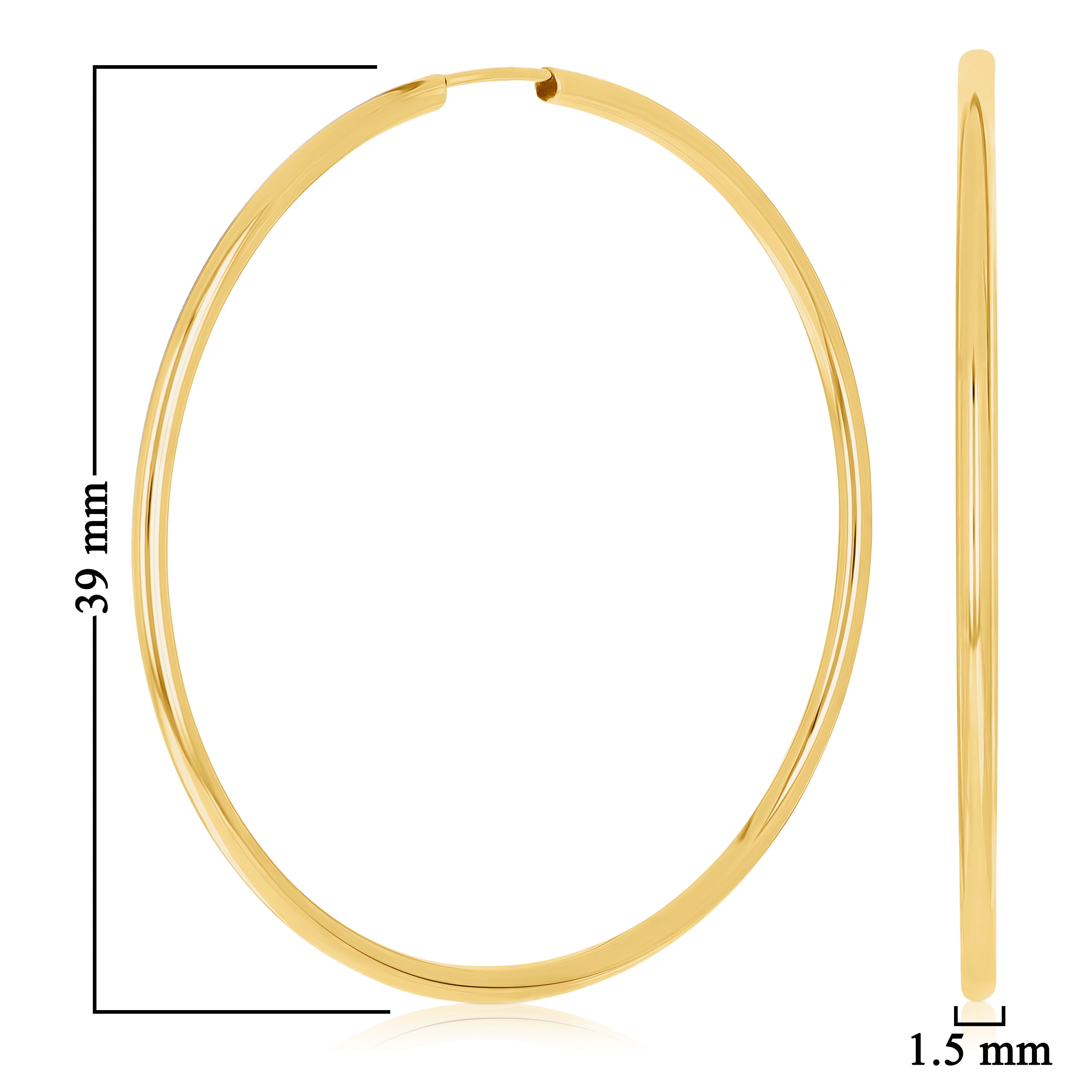 Italian 14k Yellow Gold High Polish Round Endless Hoop Earrings 1.5" 1.3 grams