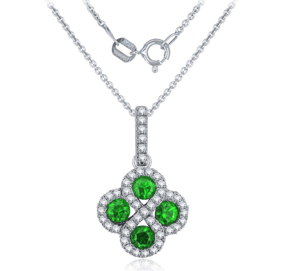 14k White Gold 0.25ctw Emerald & Diamond Floral Vintage Style Pendant Necklace - Emerald