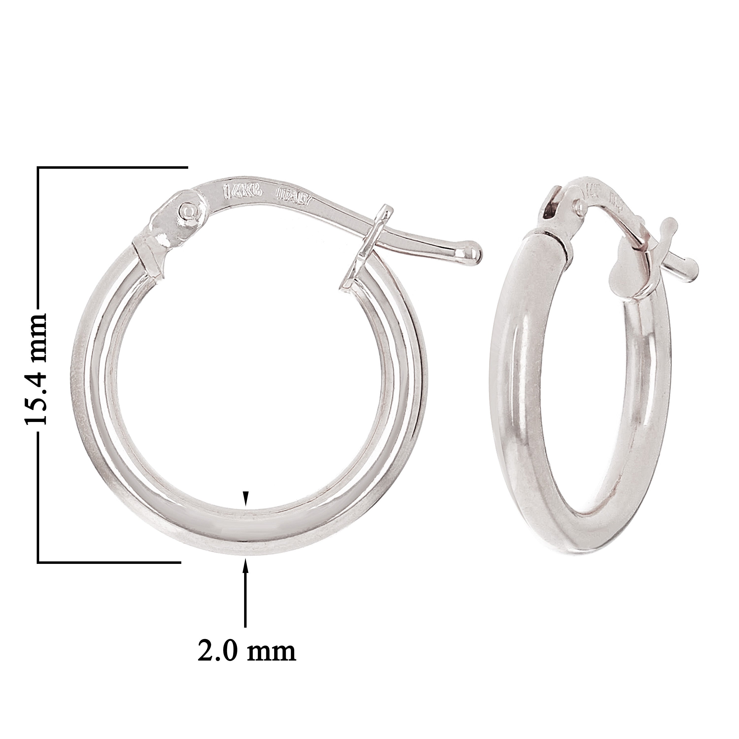 Italian 14k White Gold High Polished Plain Hollow Hoop Earrings 15.4 x 2mm 1gram - White,Size 0.5" 1 grams