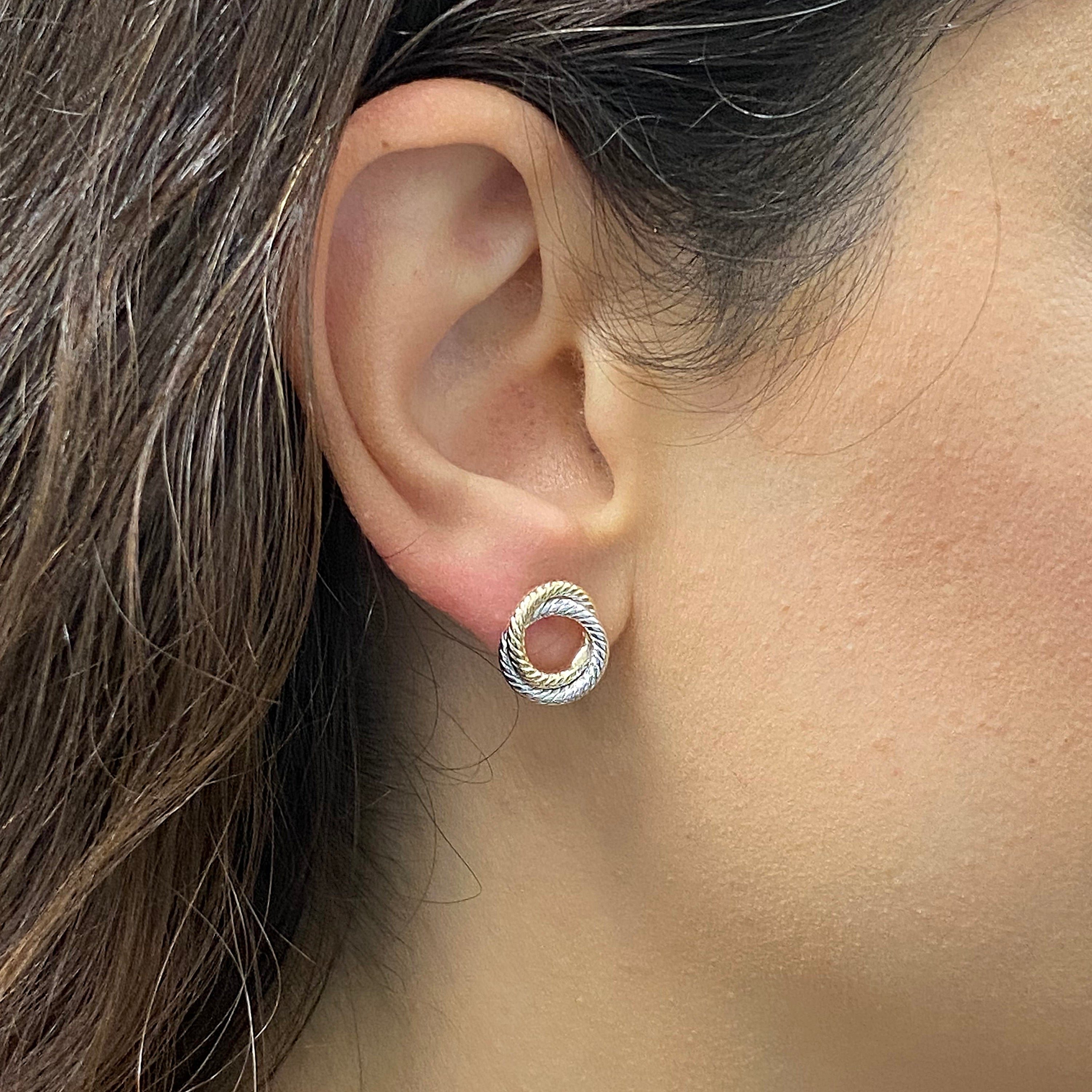 Italian 14k Yellow & White Gold Small Rope Double Eternity Circle Stud Earrings - Two-Tone Double Circle