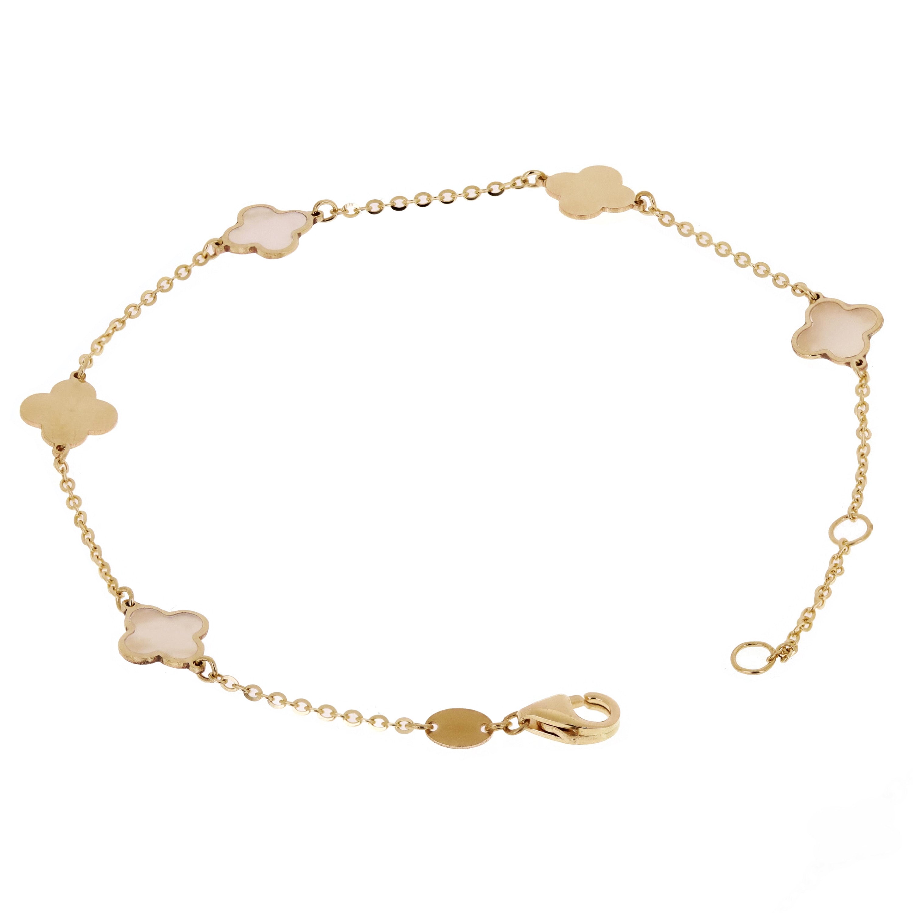 Italian 14k Yellow Gold Pearl Clover Leaf Station Bracelet 7" 7.3mm 1.6 grams