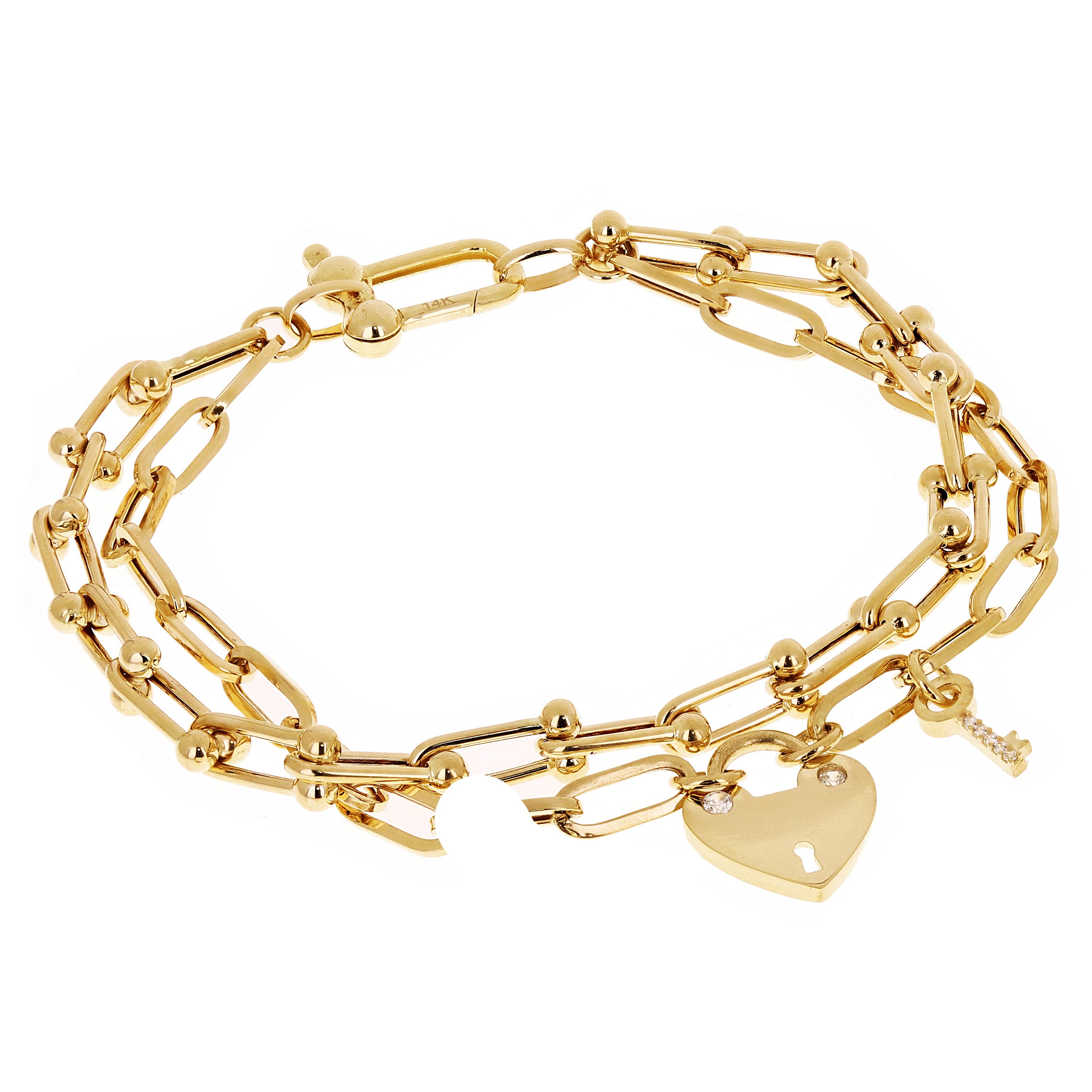 Italian 14k Yellow Gold Double U Shape Hardwear Link Heart&Key Charm Bracelet 8" - 8" 12.2 grams