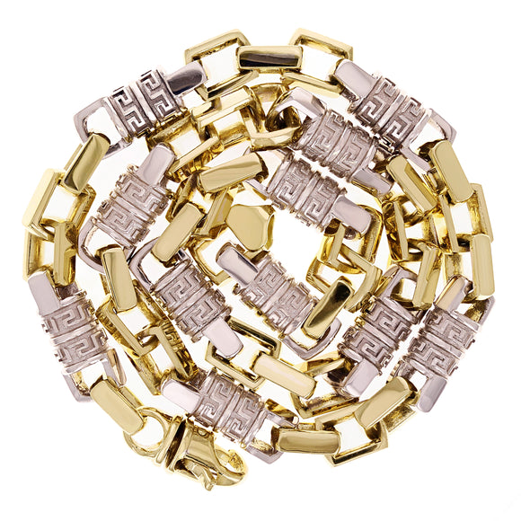 10k Two Tone Gold Solid Handmade Greek Key Link Necklace 11mm 24
