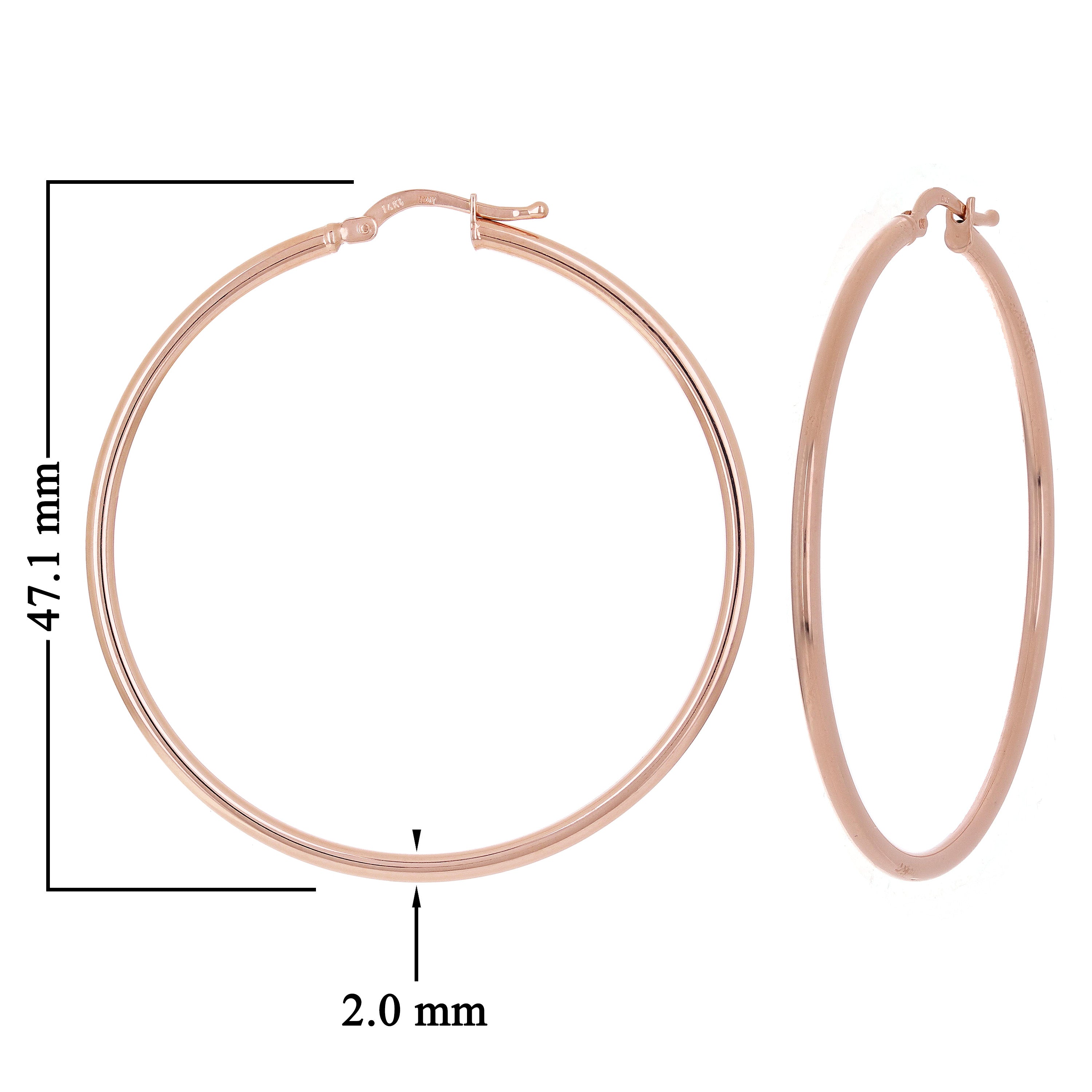 Italian 14k Rose Gold High Polished Plain 2mm Hollow Hoop Earrings 1.9" 2.9grams - Rose,Size 1.9" 2.9 grams