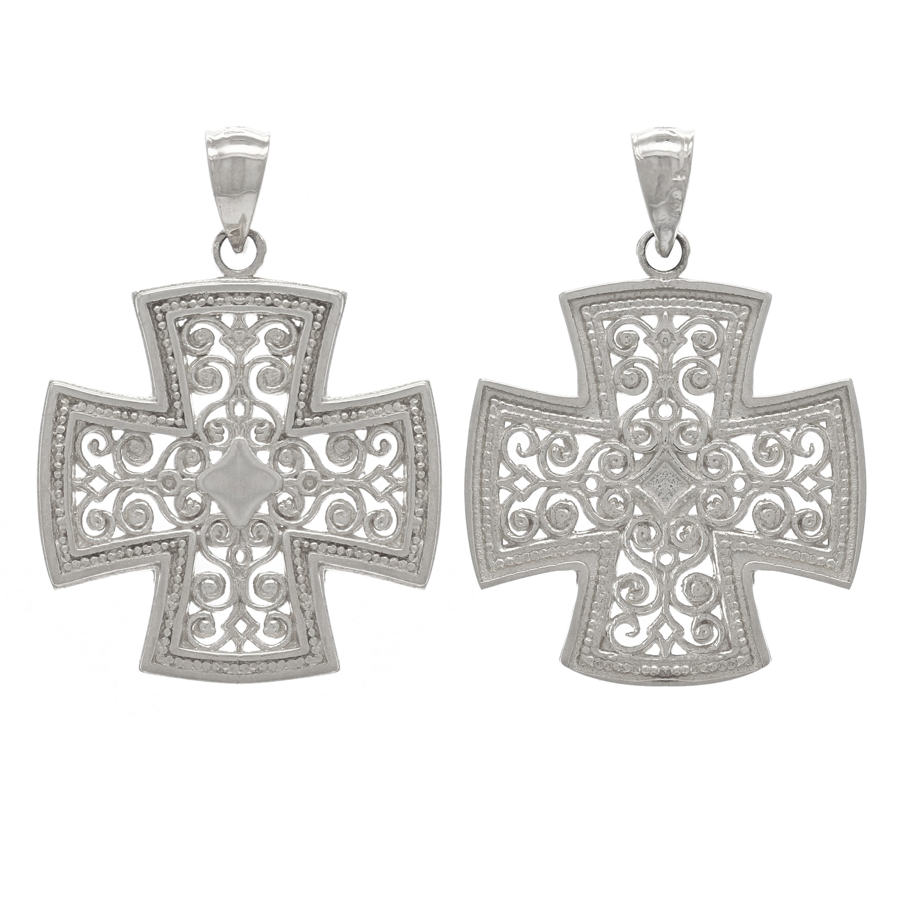 14k White Gold Filigree Religious Cross Pendant - White