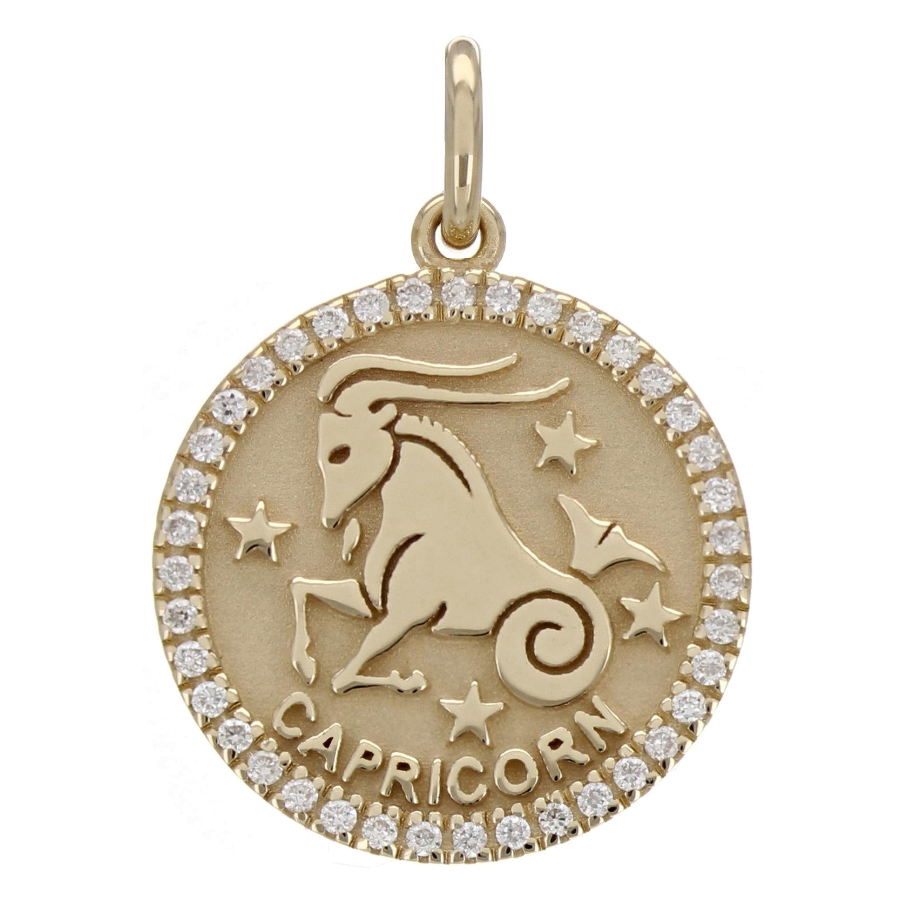 14k Yellow Gold Diamond Zodiac Sign Capricorn Pendant - Capricorn,Yellow