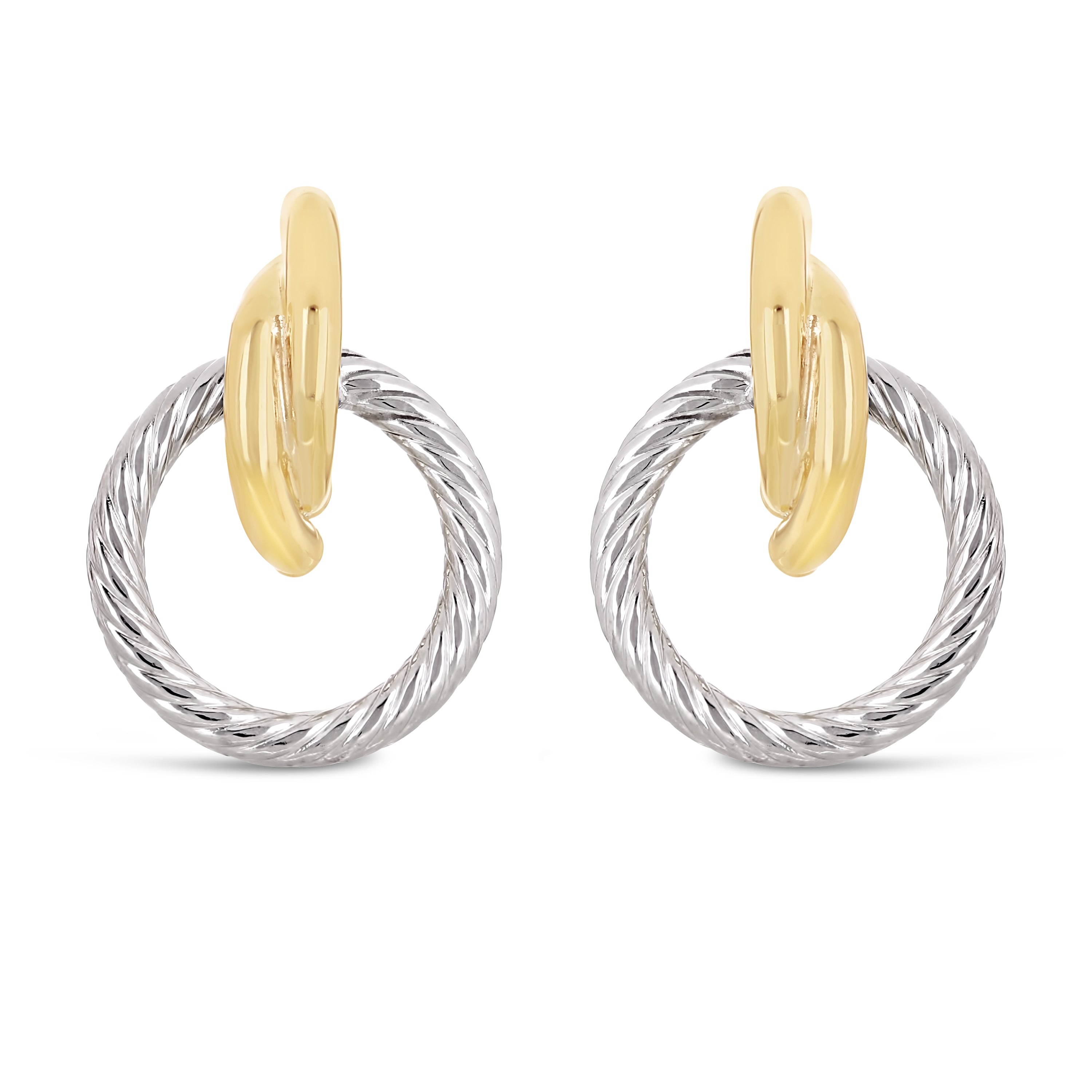 Italian 14k Yellow & White Gold Shiny Rope Eternity Circle Drop Stud Earrings - Shiny Rope Eternity