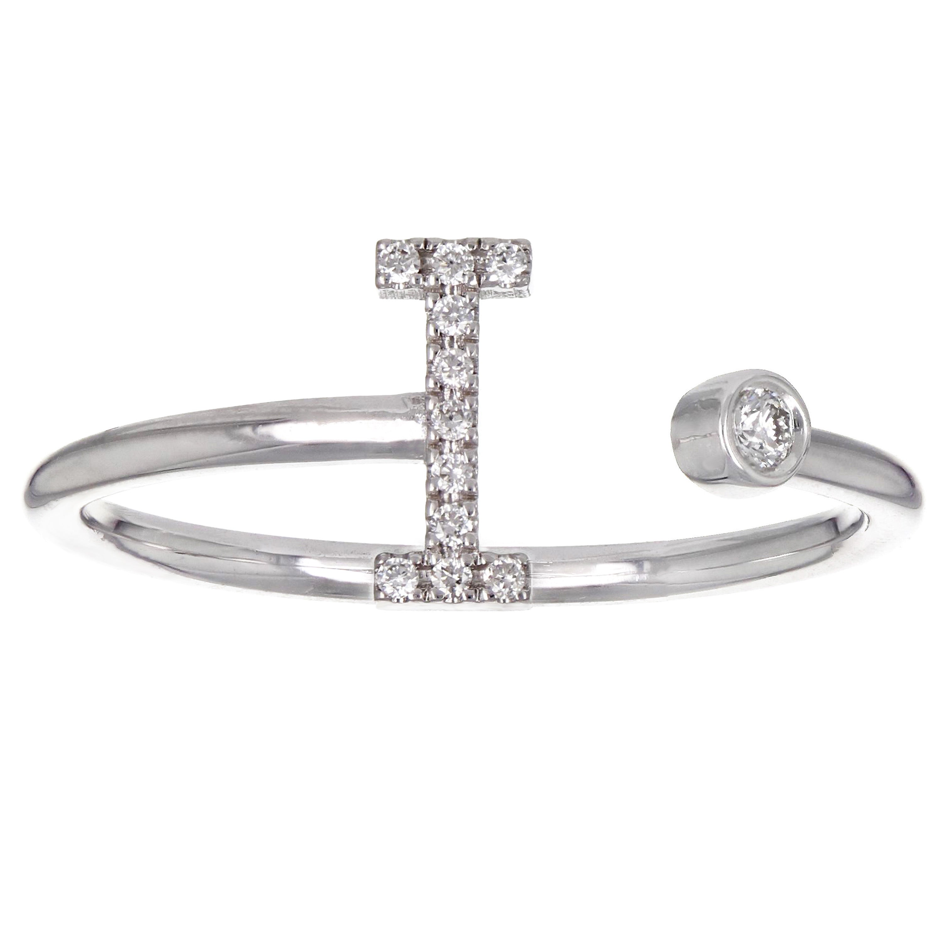 14k White Gold Diamond Initial Letter I Ring Size 6 - Letter I,White