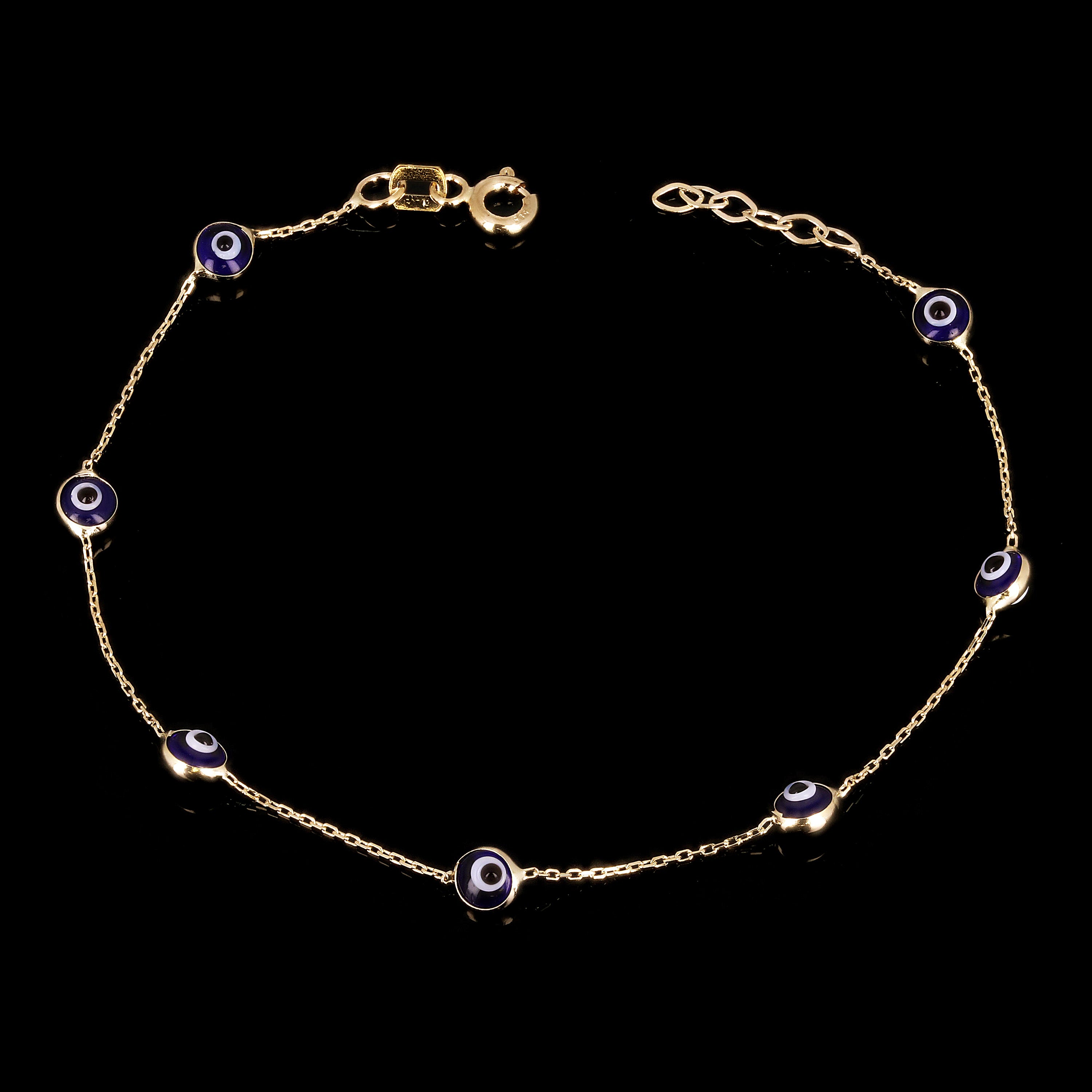Italian 14k Yellow Gold Enamel Evil Eye Station Bracelet 7.75" 4.4mm 1.2 grams - 7 Eyes