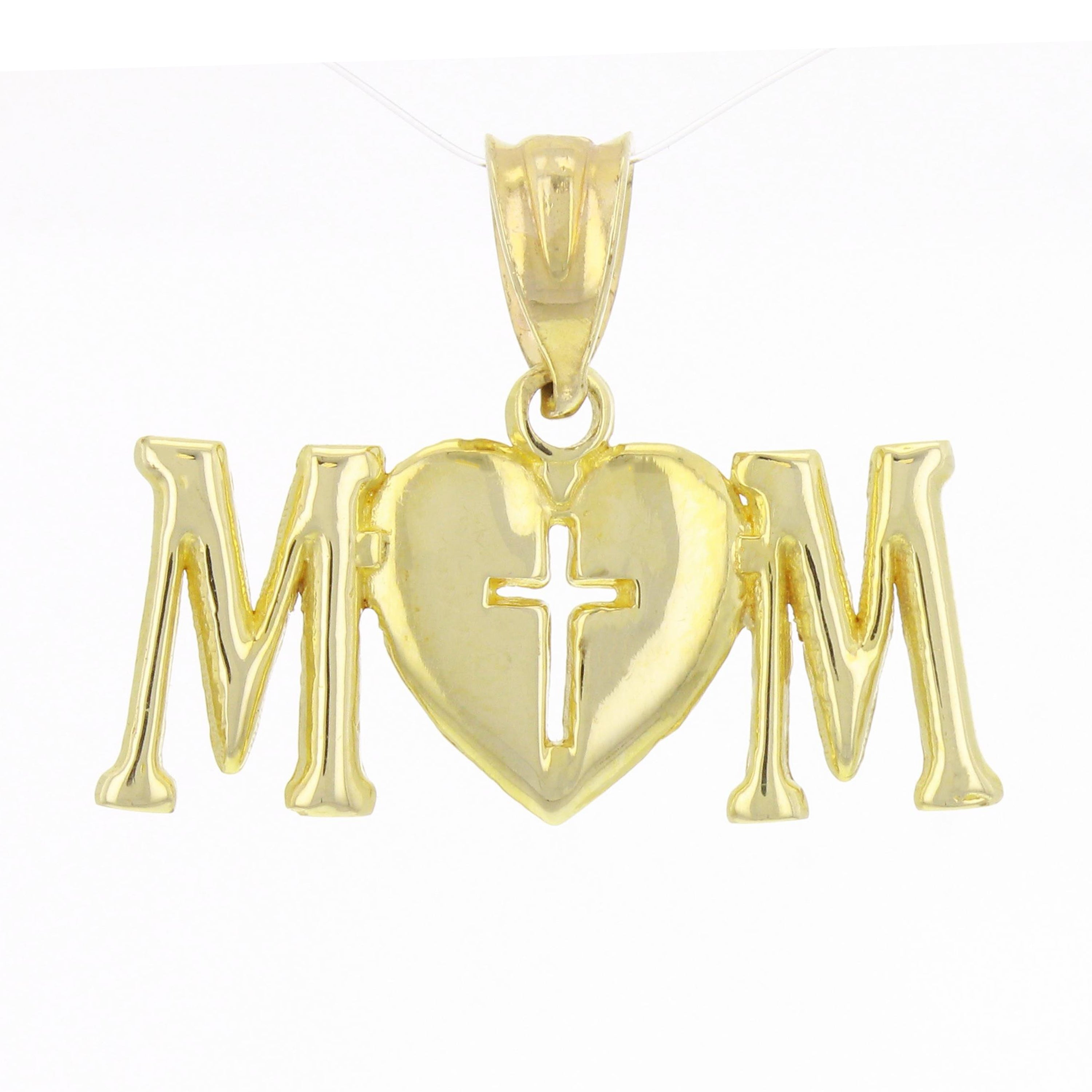 14k Yellow Gold MOM Charm Pendant with Heart & Cross Mother's Day Gift 1.4 grams - Yellow