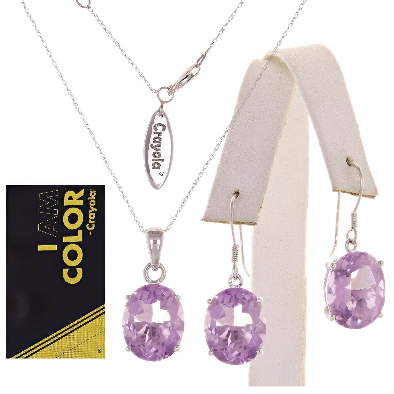 Crayola 14k White Gold Oval Amethyst Earrings & Pendant Necklace Set