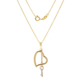 14k Yellow & White Gold Dangle Heart & Key Charm Pendant Necklace 18" Rolo 2.3g