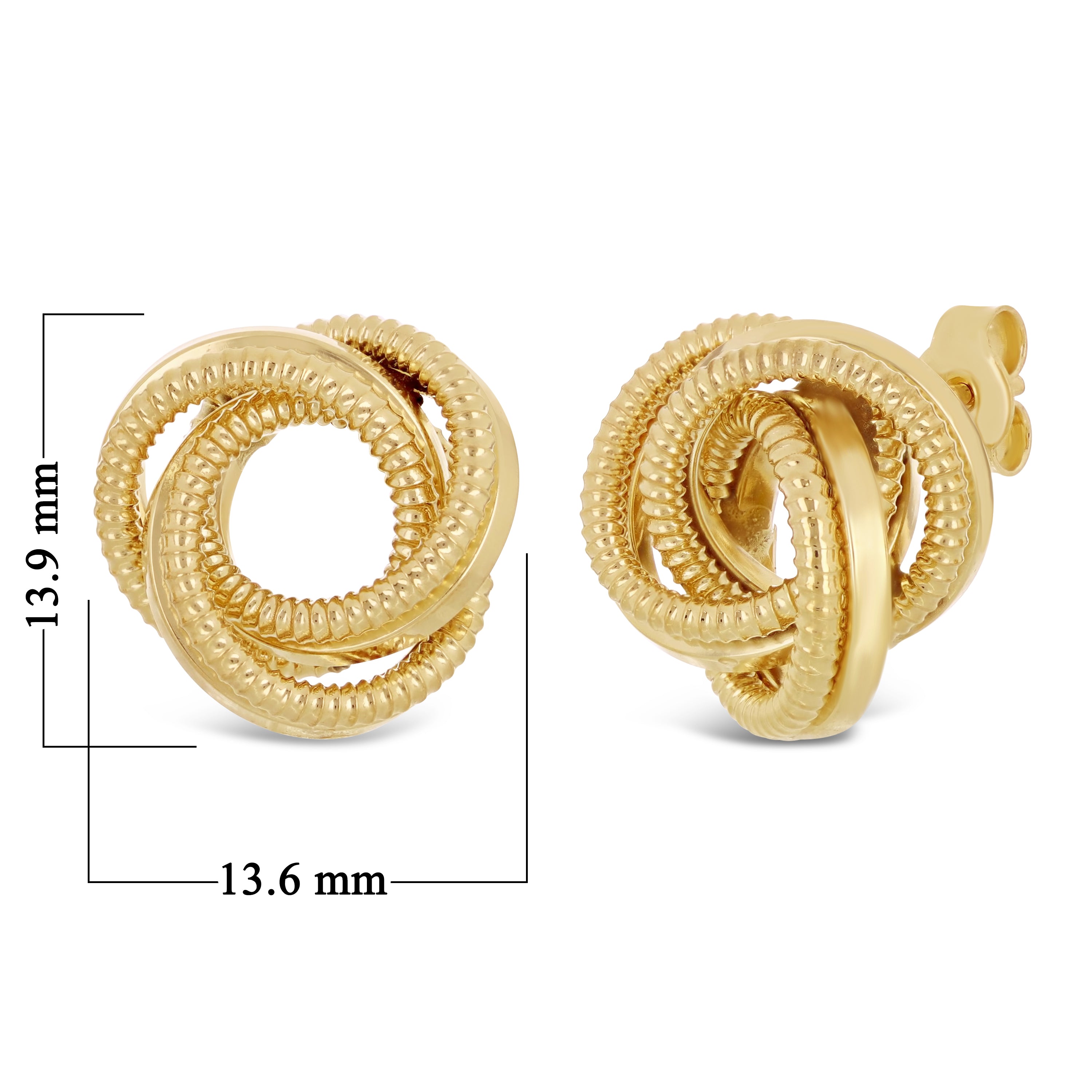 Italian 14k Yellow Gold Triple Love Knot Eternity Circle Rope Stud Earrings - Triple Textured