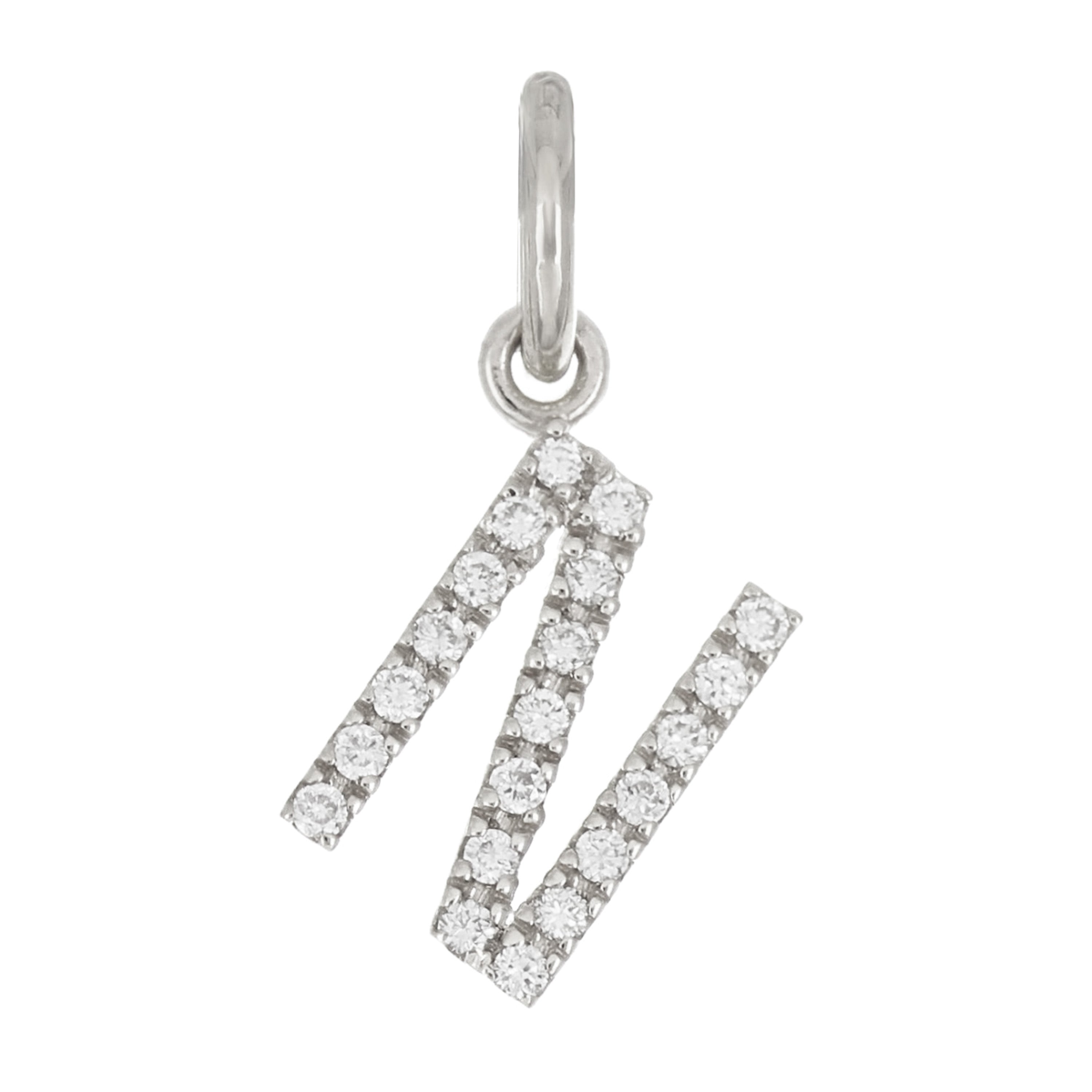 14k White Gold Diamond Initial Letter N Charm Pendant - Letter N,White