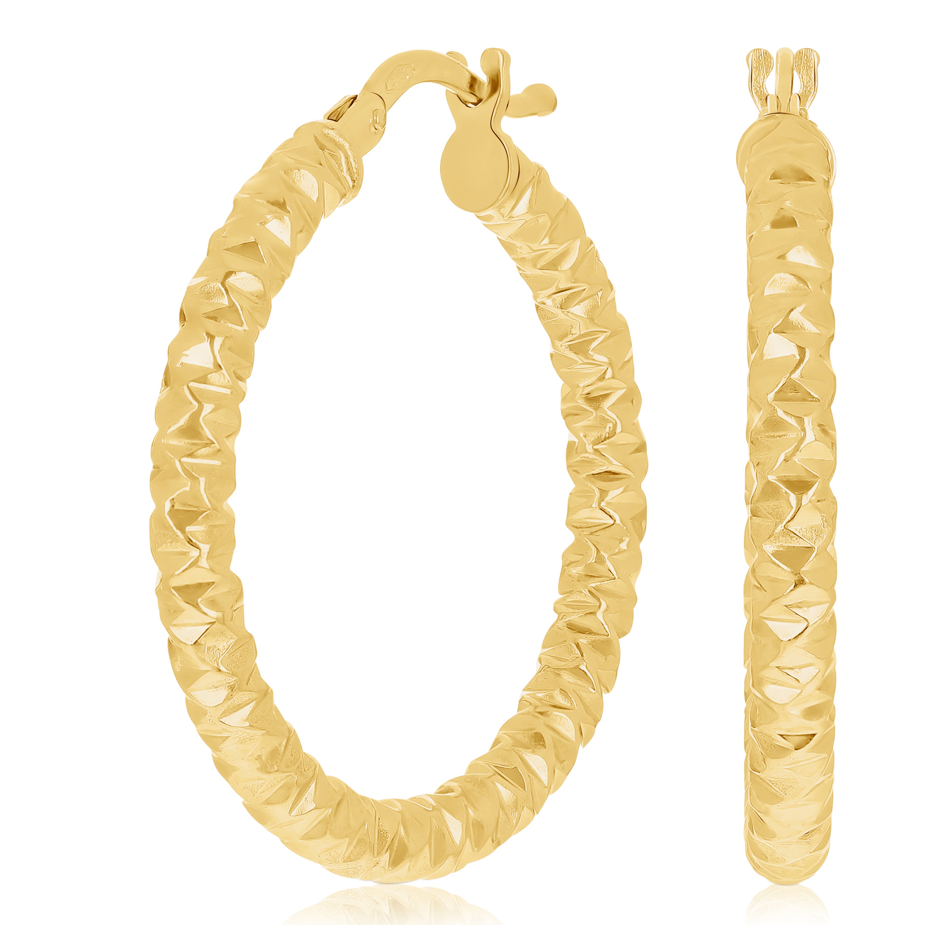 Italian 14k Yellow Gold Hollow Diamond Cut Hoop Earrings 1.1" 3mm 2 grams