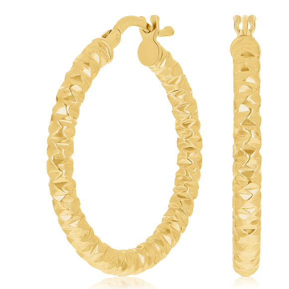 Italian 14k Yellow Gold Hollow Diamond Cut Hoop Earrings 1.1