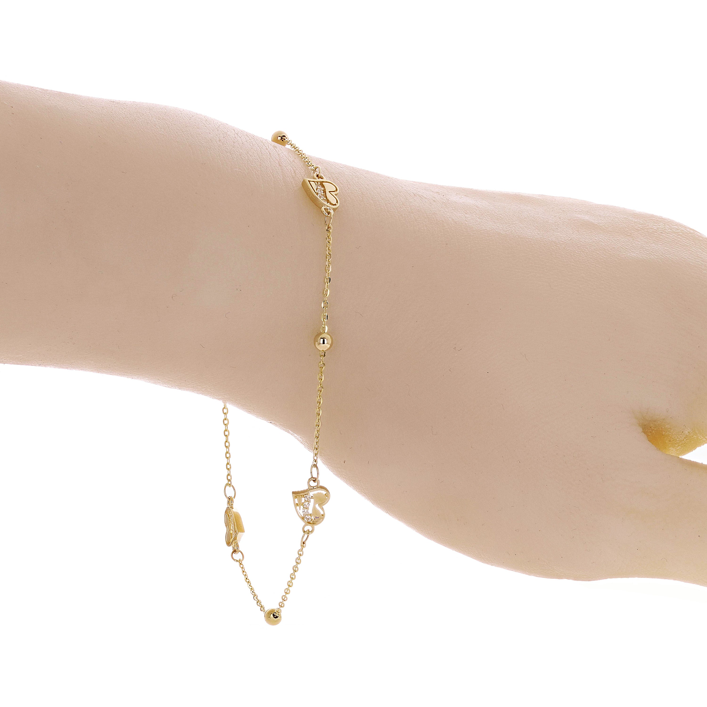 Italian 14k Yellow Gold Heart Station Anklet Bracelet 10" 2.6 grams