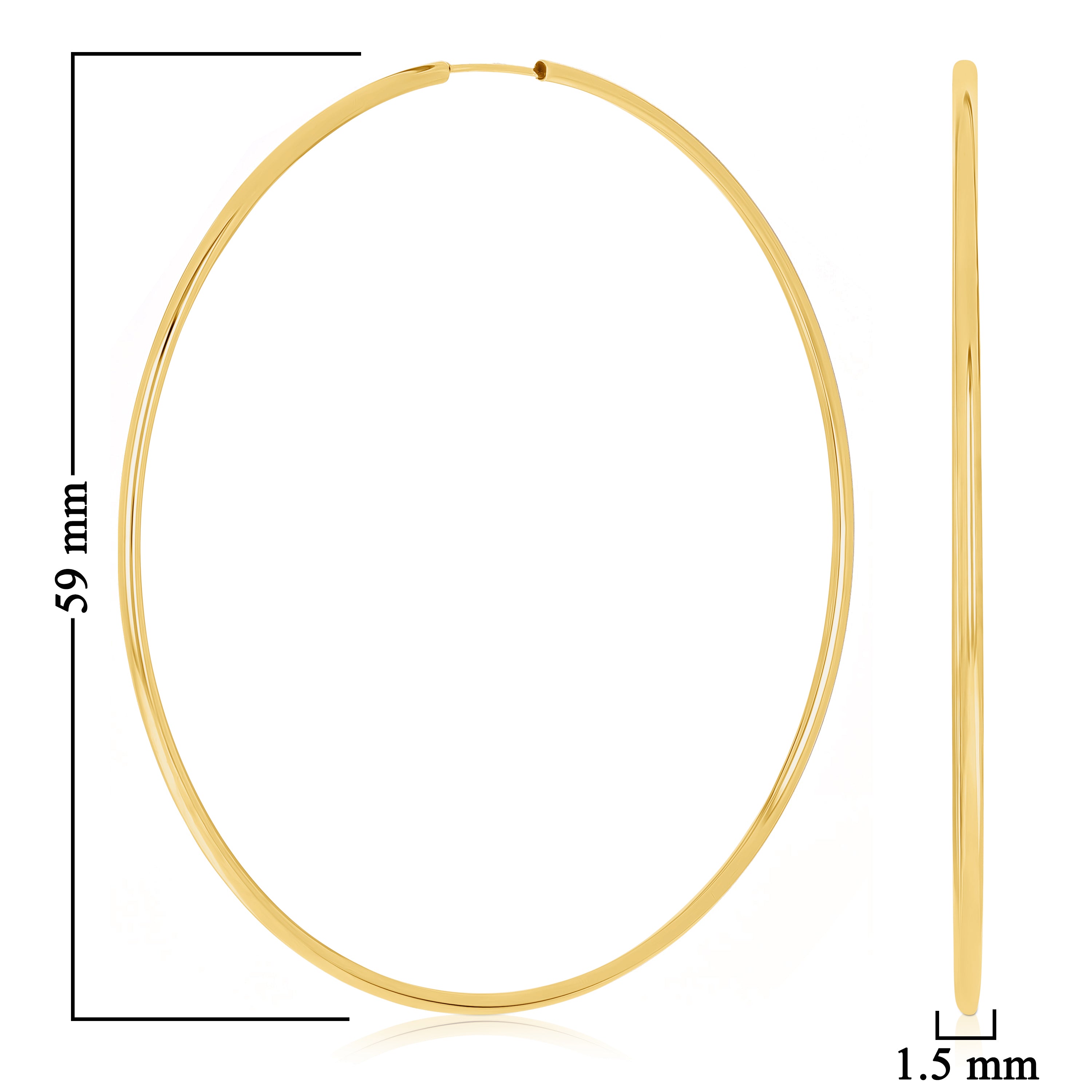 Italian 14k Yellow Gold High Polish Round Endless Hoop Earrings 2.3" 1.5mm 3.1g