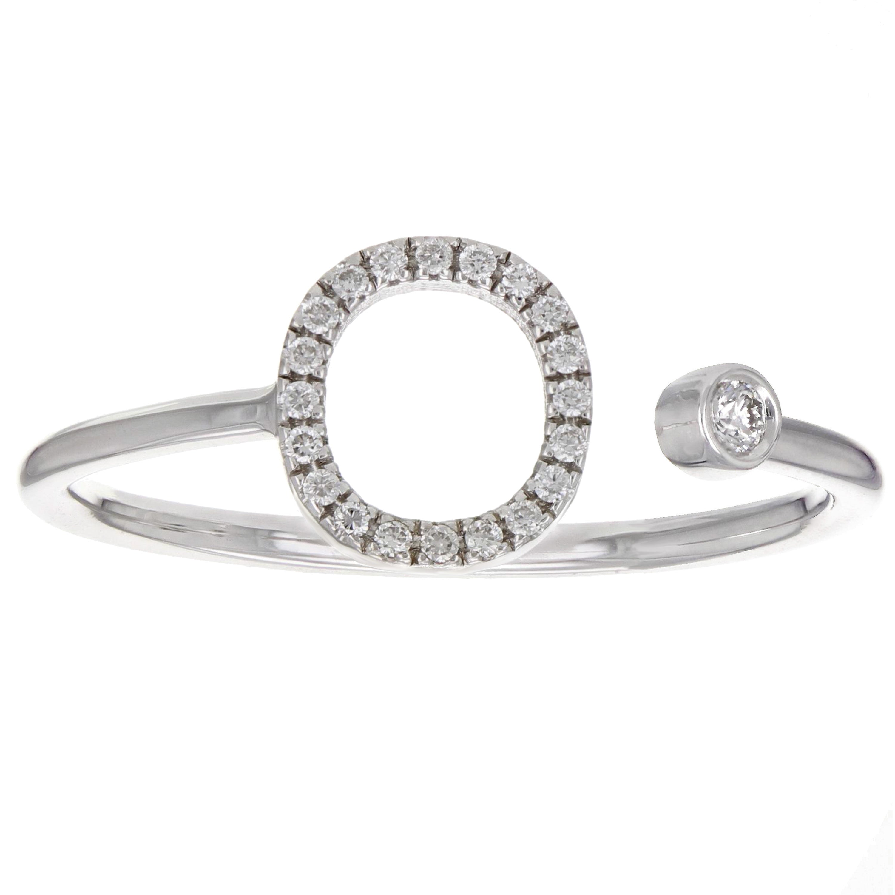 14k White Gold Diamond Initial Letter O Ring Size 6 - Letter O,White