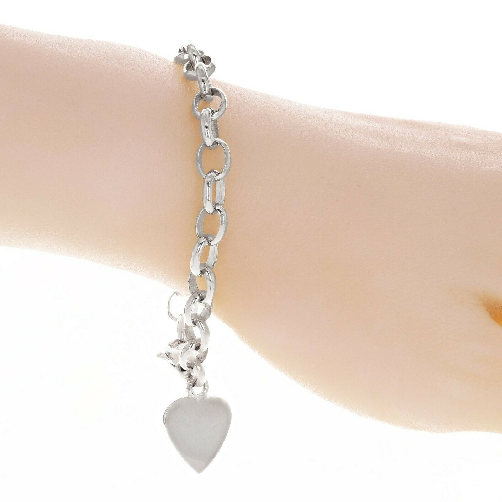 14k White Gold Heart Charm Rolo Link Chain Bracelet 7" - White,7"