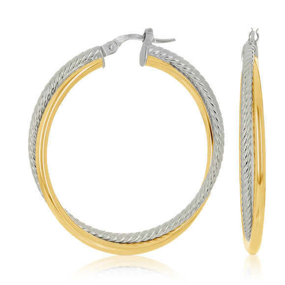Italian 14k Yellow & White Gold Plain&Twisted Hoop Earrings 1.5