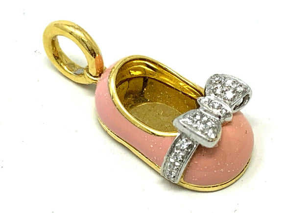 18K Yellow Gold Aaron Basha Diamond Shoe Pendant Charm with Pink Enamel 6.7g