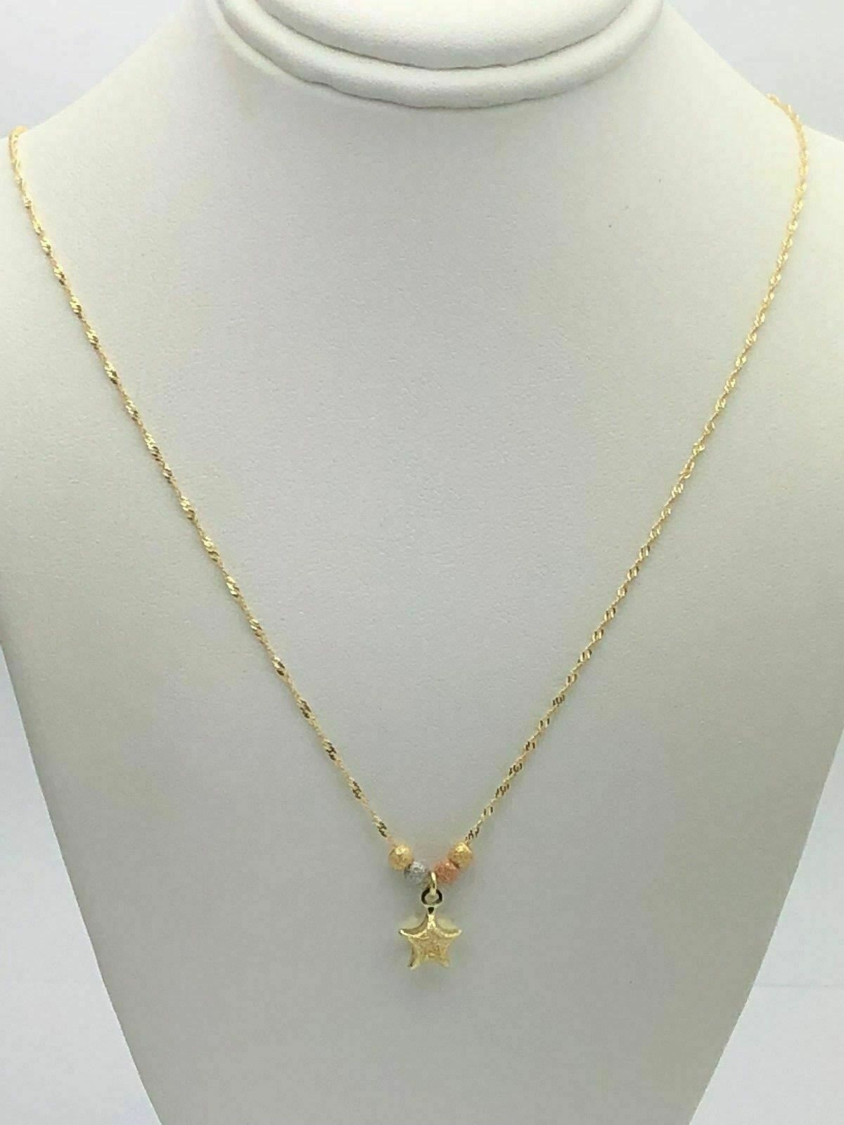 14k Tri Color Gold Ball Beads & Star Charm Pendant with 17" Singapore Necklace
