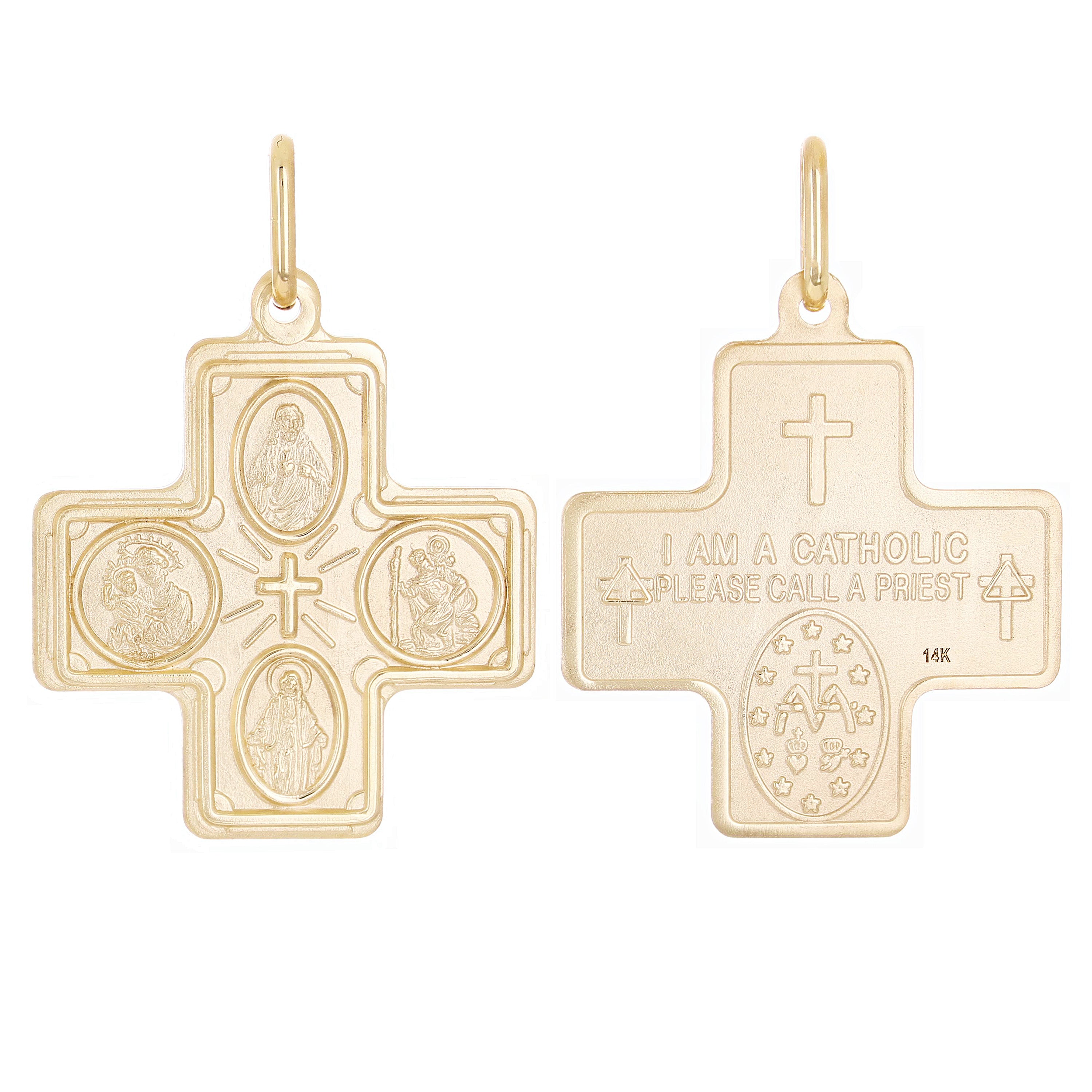 Italian 14k Yellow Gold Holy Spirit 4-Way Cross Medal Pendant 1.4" 4.3 grams - 1.4"