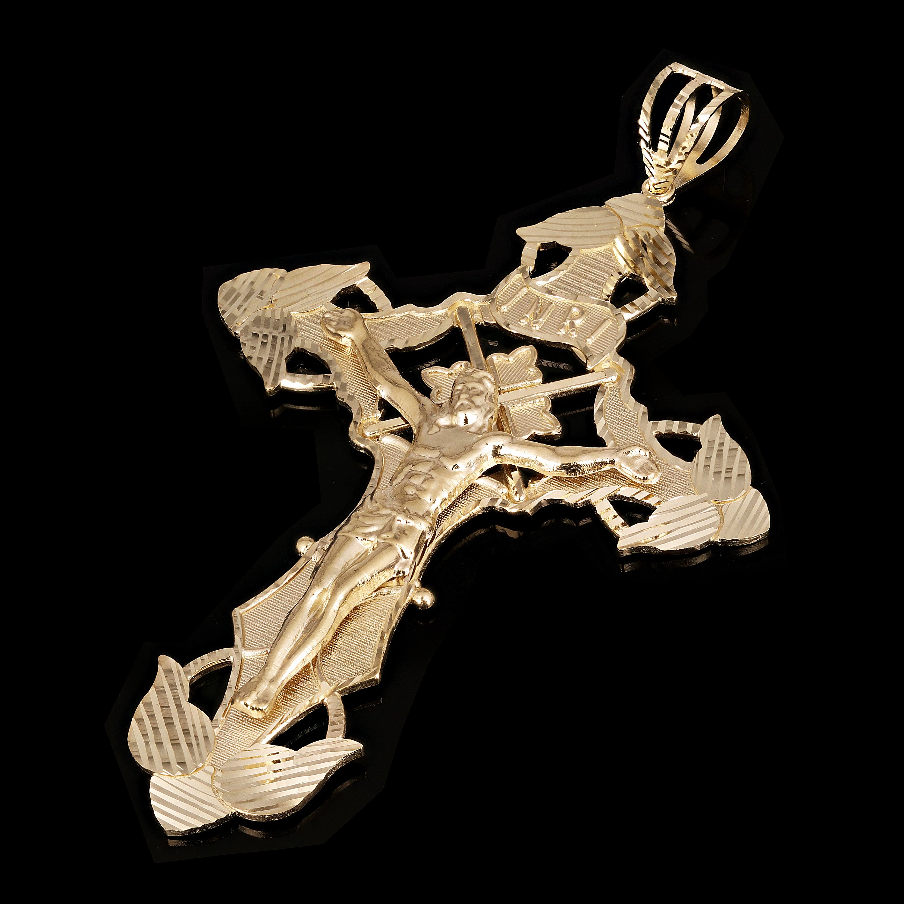 14k Yellow Gold BIG INRI Christ Passion Cross Crucifix Pendant 5.4" 55 grams