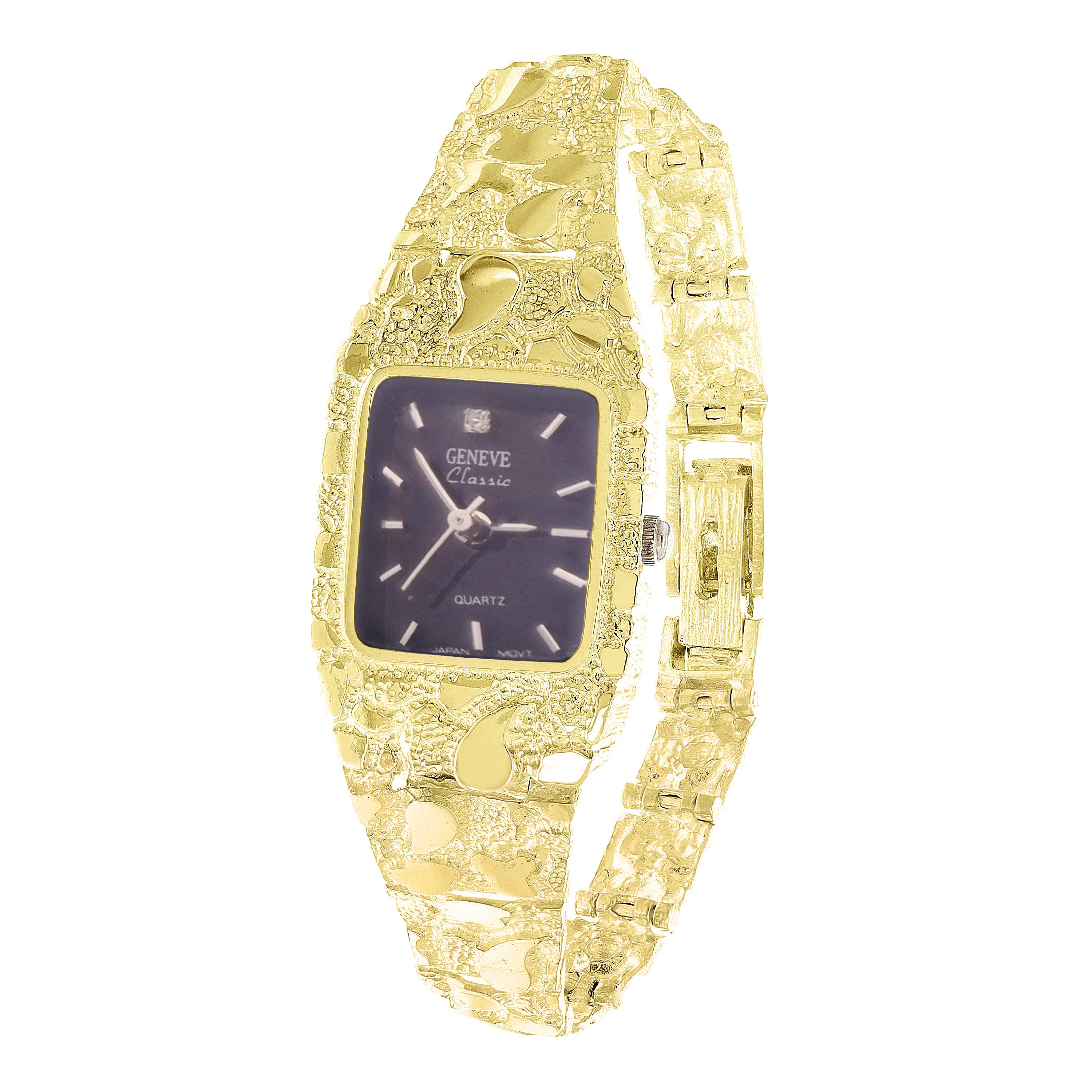 Women's 14k Yellow Gold Solid Link Nugget Bracelet Geneve Diamond Wrist Watch 7"