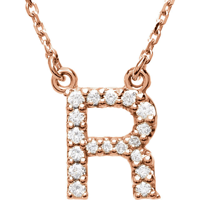 14k Rose Gold Diamond Initial Letter R Alphabet Rolo Pendant Necklace 18" - Letter R,Rose
