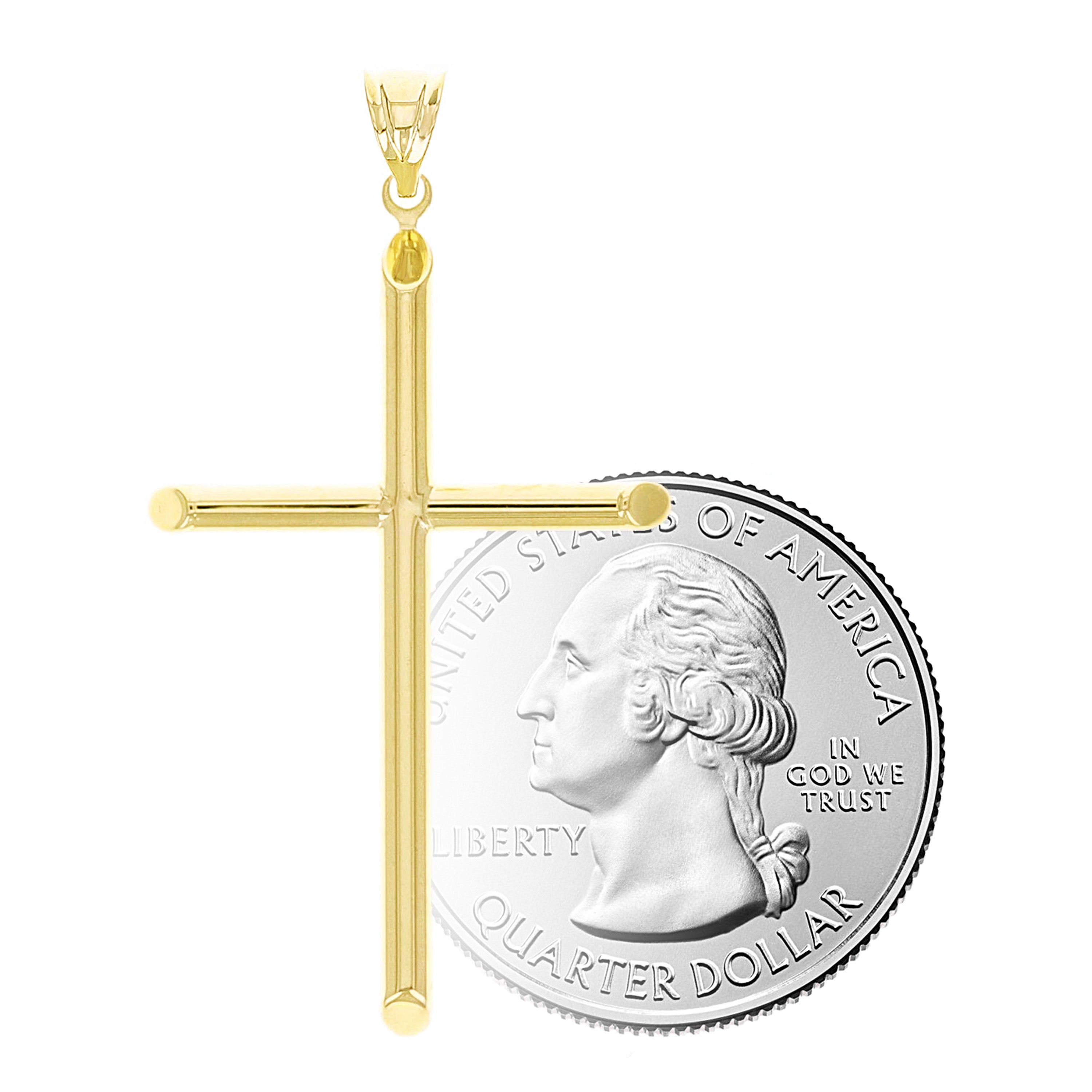Italian 14k Yellow Gold Hollow High Polished Plain Cross Charm Pendant 1.7" 1g