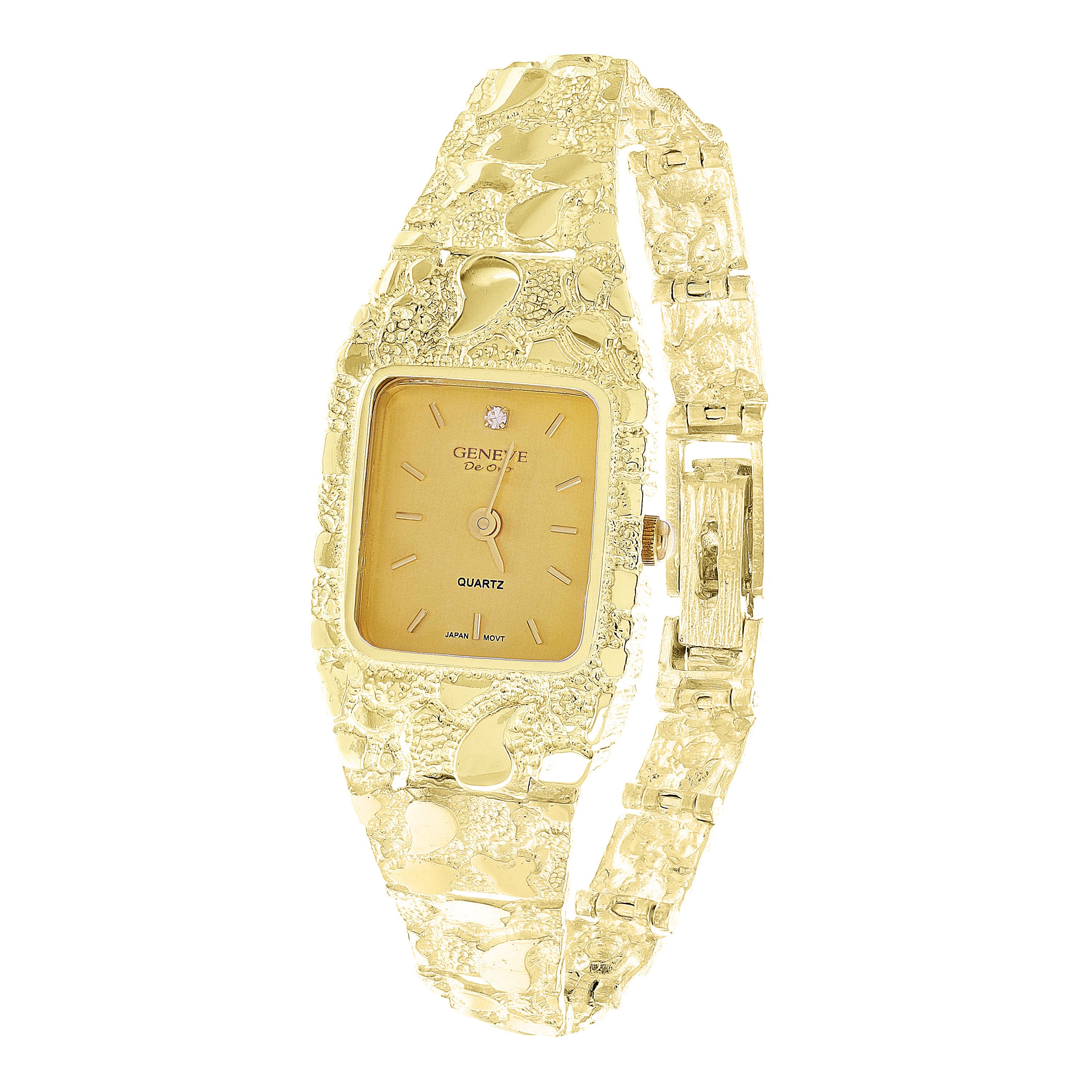 Women's 10k Yellow Gold Nugget Bracelet Wrist Band Geneve Diamond Watch 6.5" - 6.5" 24 grams
