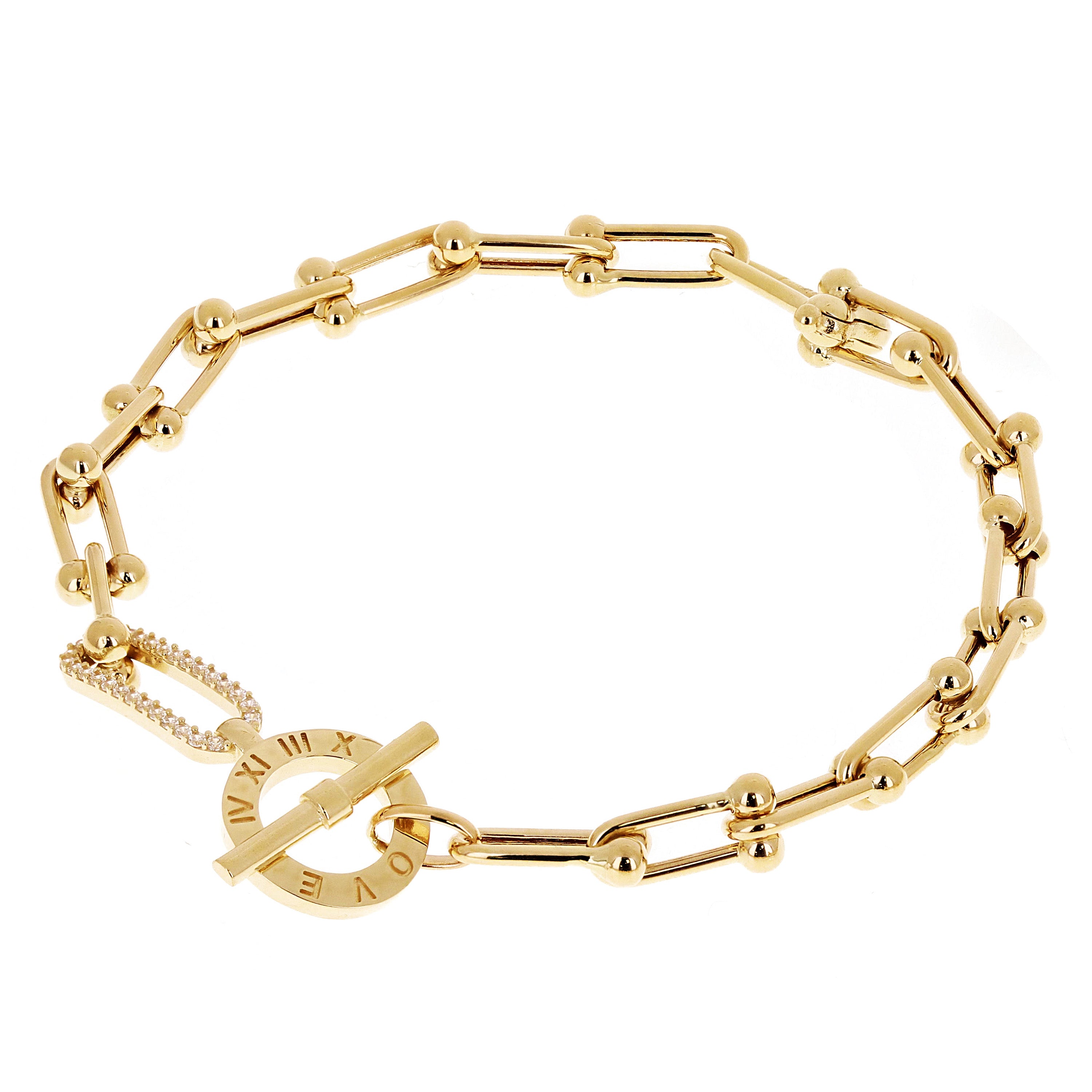 Italian 14k Yellow Gold U Shape Hardwear & Paper Clip Link Love Bracelet 7.5"