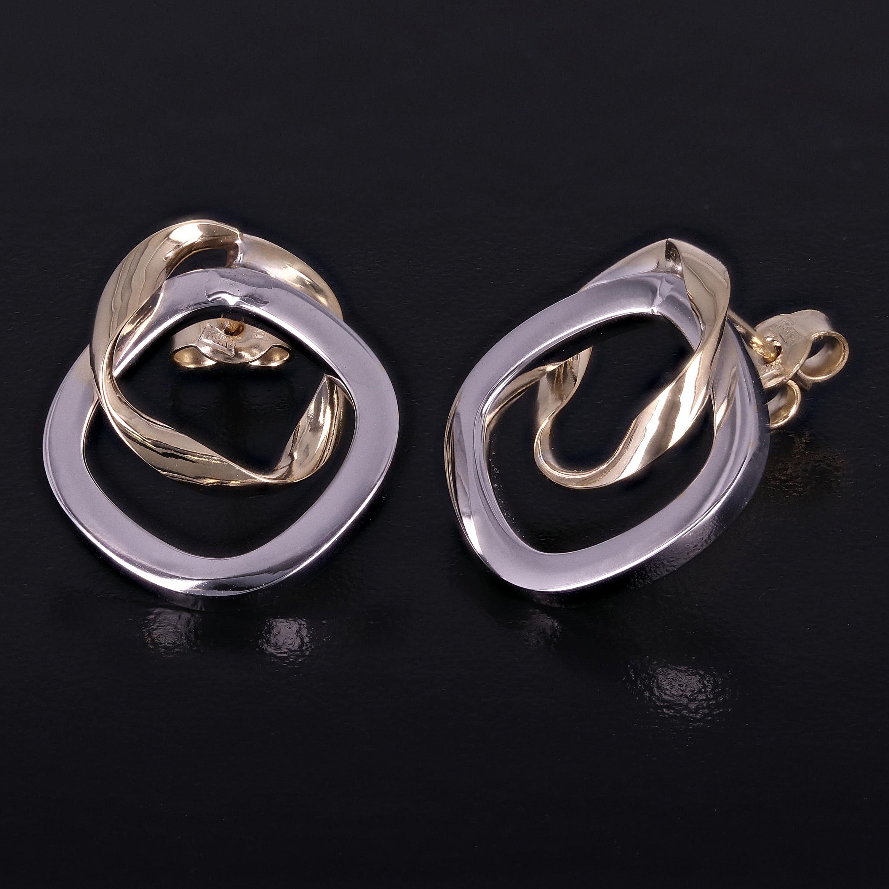 Italian 14k Yellow & White Gold Bright Shine Tubular Double Hoop Stud Earrings - Twisted Circle
