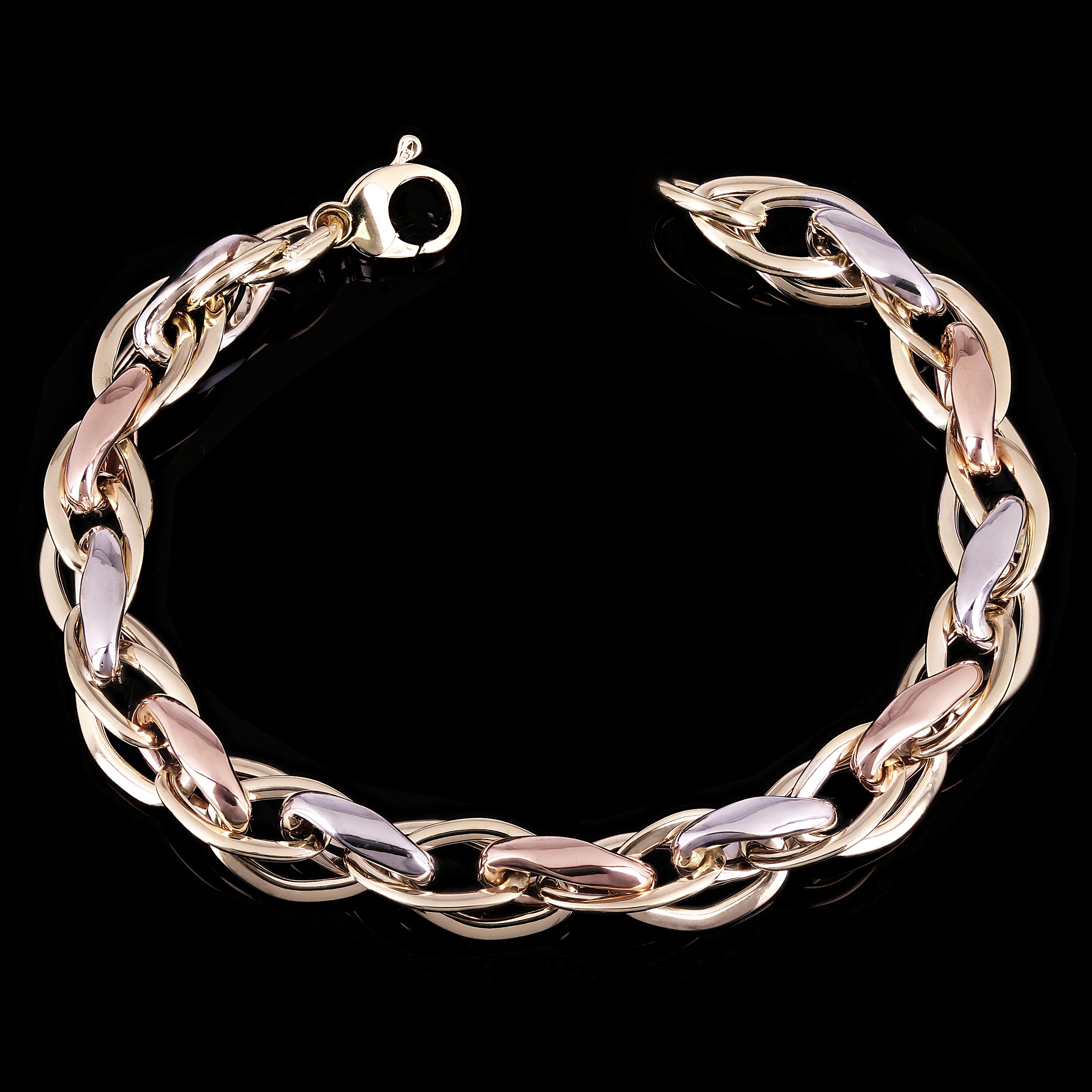 Italian 14k Tri-Color Gold Hollow Triple Oval Link Bracelet 7.5" 9mm 8 grams