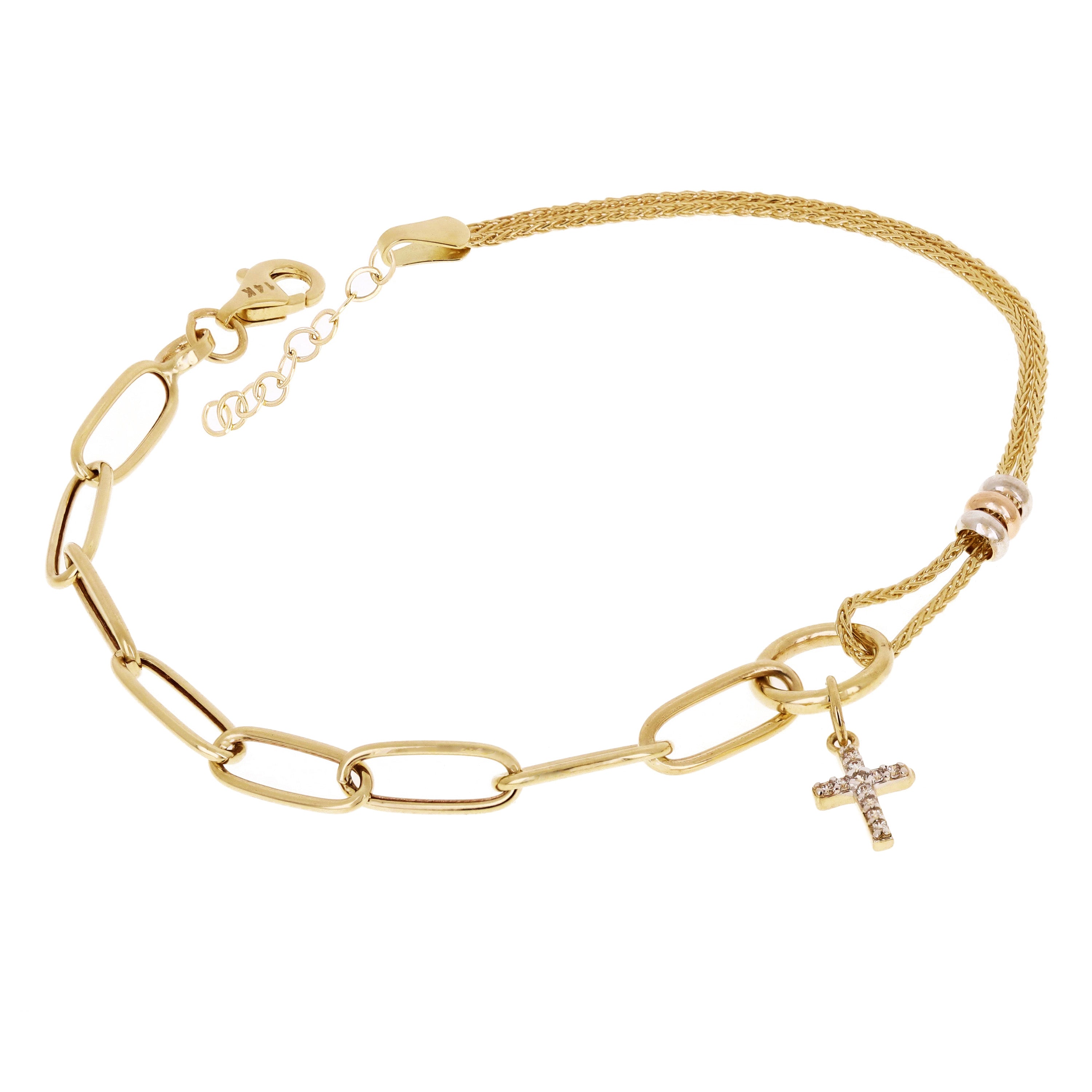 Italian 14k Tri Color Gold Wheat & Paper Clip Cross Charm Bracelet 7.5" 2.9 grams