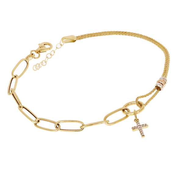 Italian 14k Tri Color Gold Wheat & Paper Clip Cross Charm Bracelet 7.5