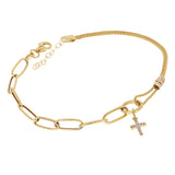 Italian 14k Tri Color Gold Wheat & Paper Clip Cross Charm Bracelet 7.5" 2.9 grams