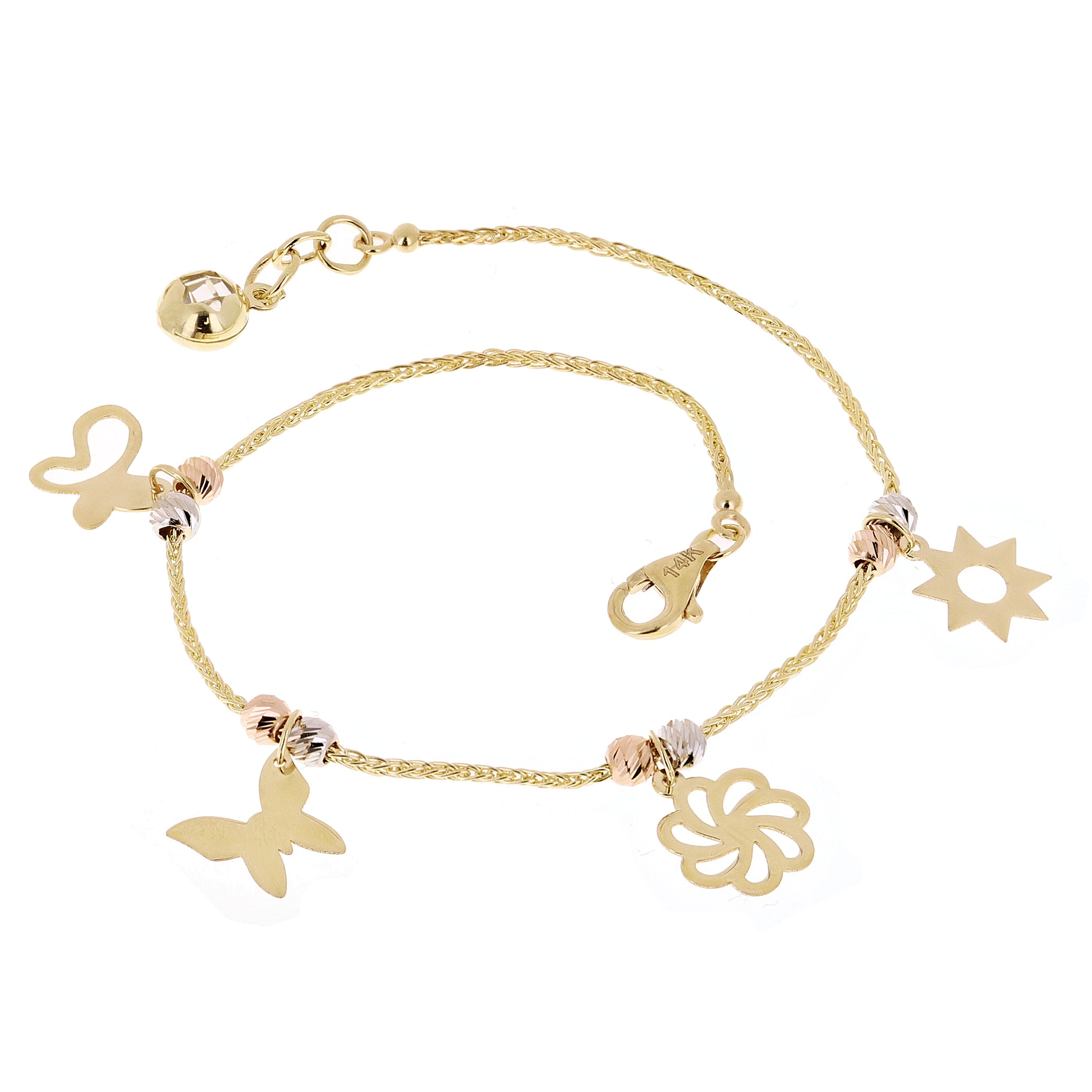 Italian 14k Tri Color Gold Flower Sun Butterfly Charm Bracelet 7" 2.8 grams