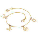 Italian 14k Tri Color Gold Flower Sun Butterfly Charm Bracelet 7" 2.8 grams