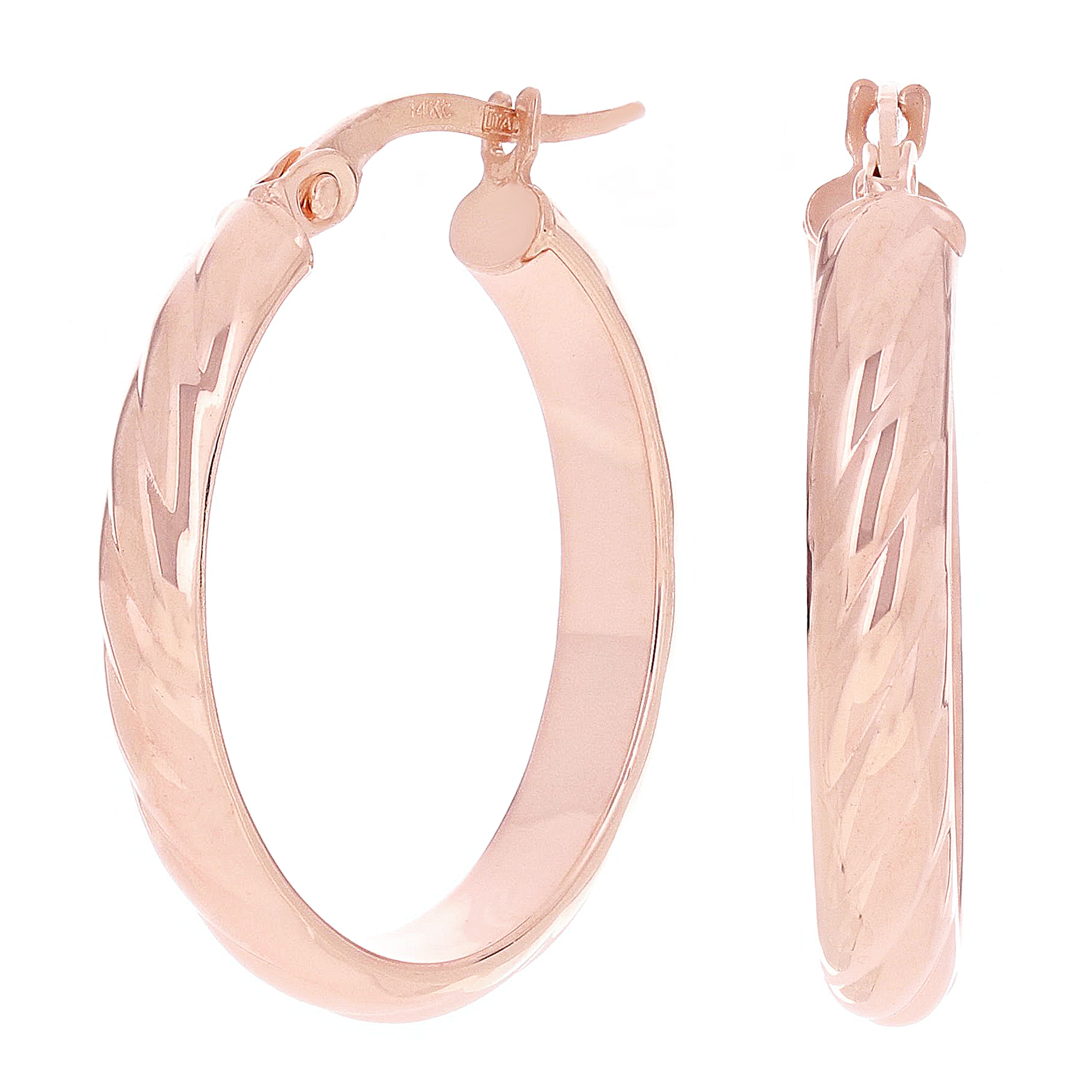 Italian 14k Rose Gold Rope Design Oval Hollow Hoop Earrings 1"