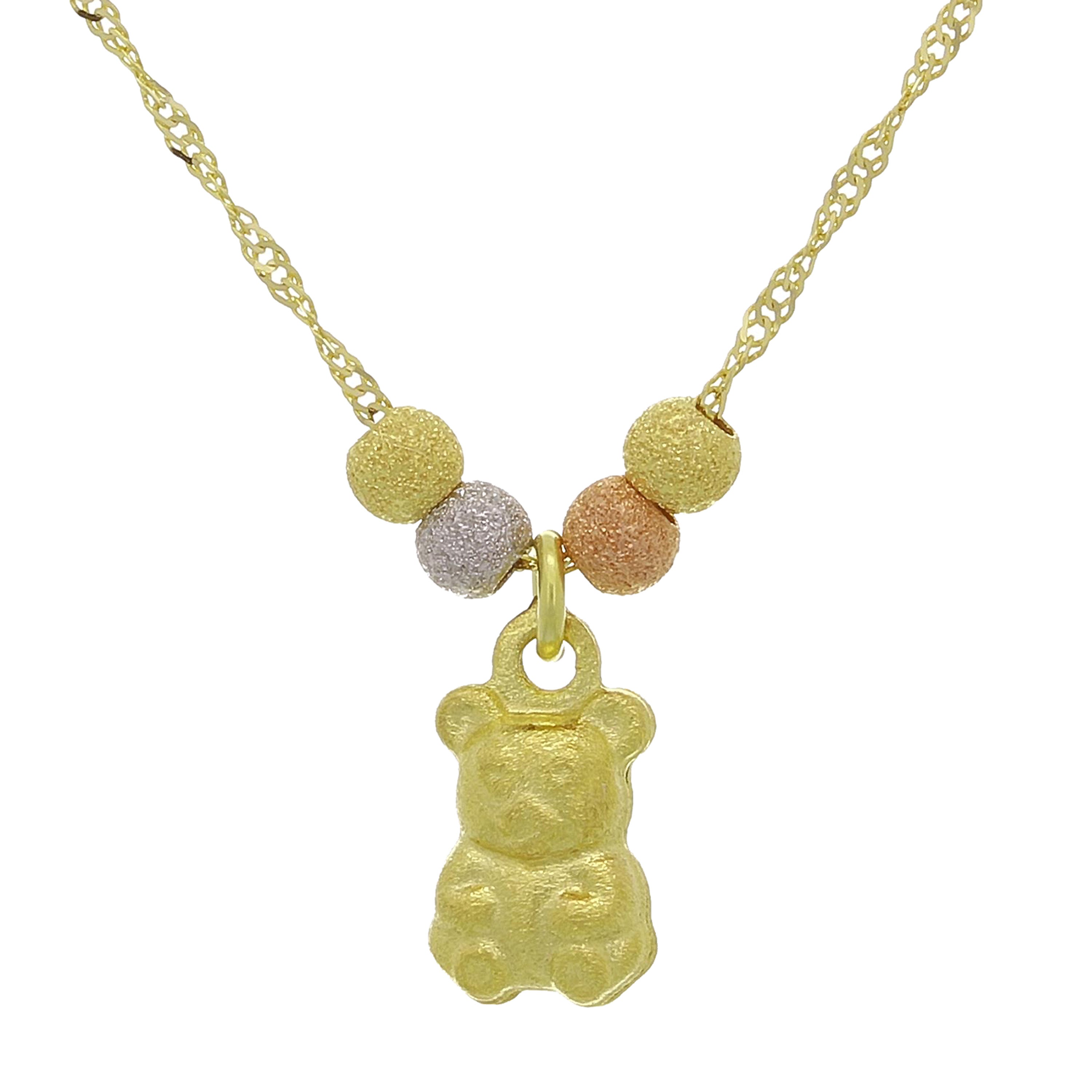 14k Tri Color Gold Satin Finish Teddy Bear Charm Necklace Singapore Chain 17"