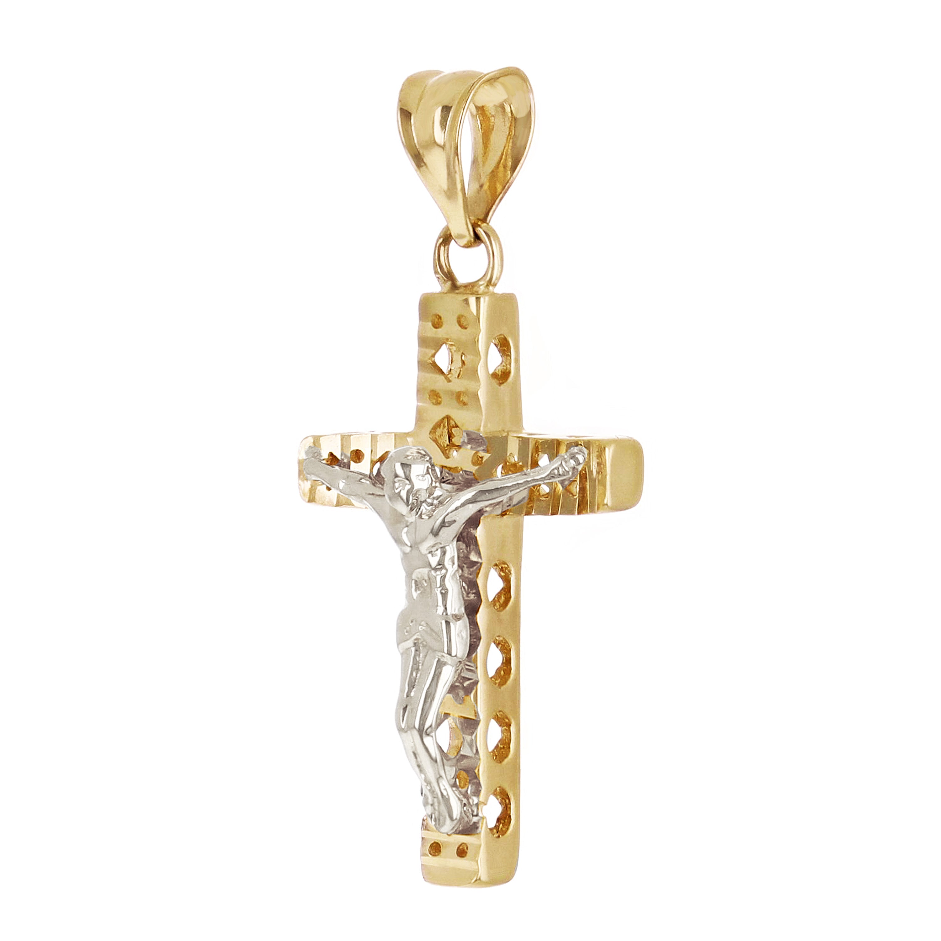 Italian 14k Two Tone Gold 3D Double Sided Crucifix Cross Charm Pendant 1.1" 1.7g