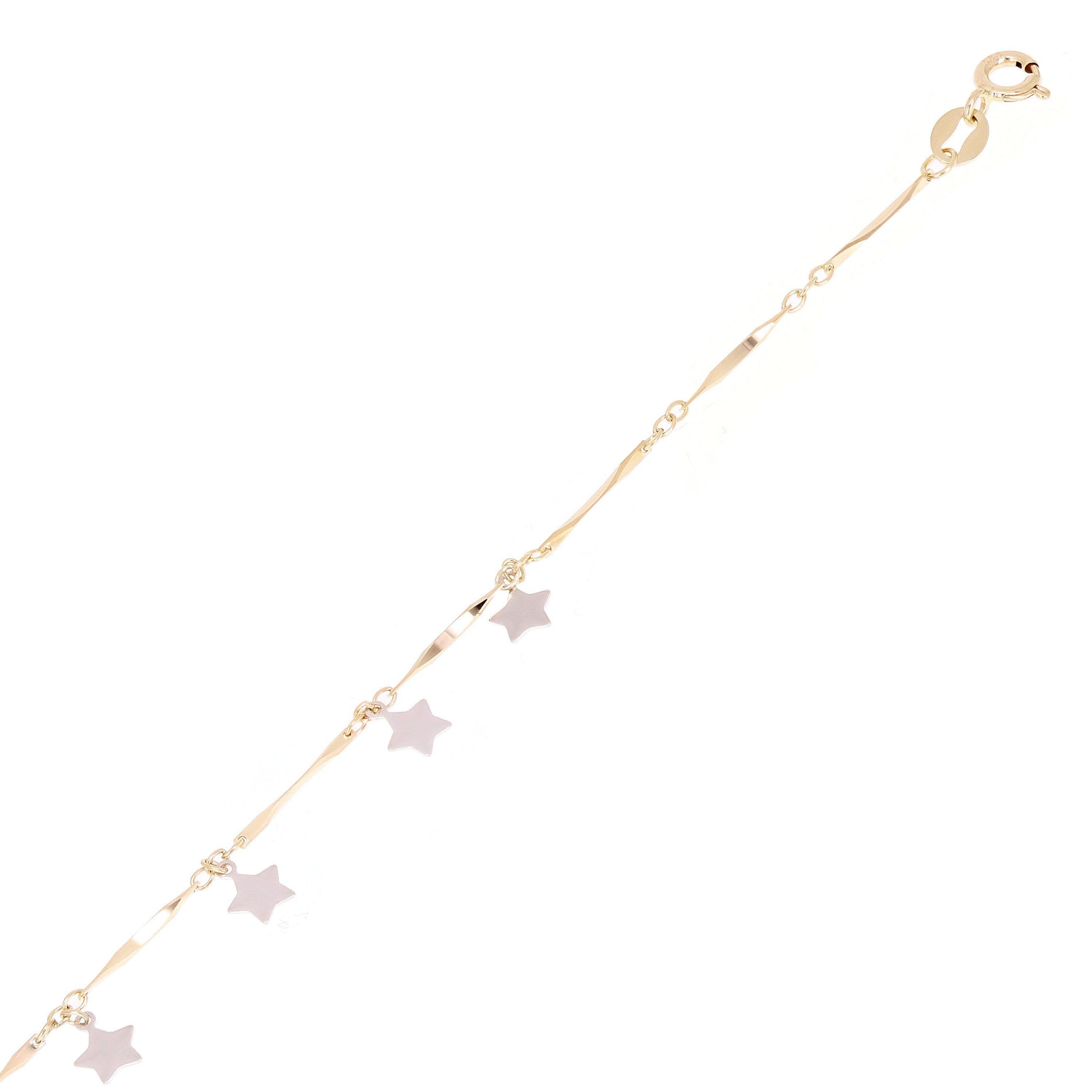 Italian 14k Two Tone Gold Heart & Star Charm Anklet Bracelet 10" 2.1 grams