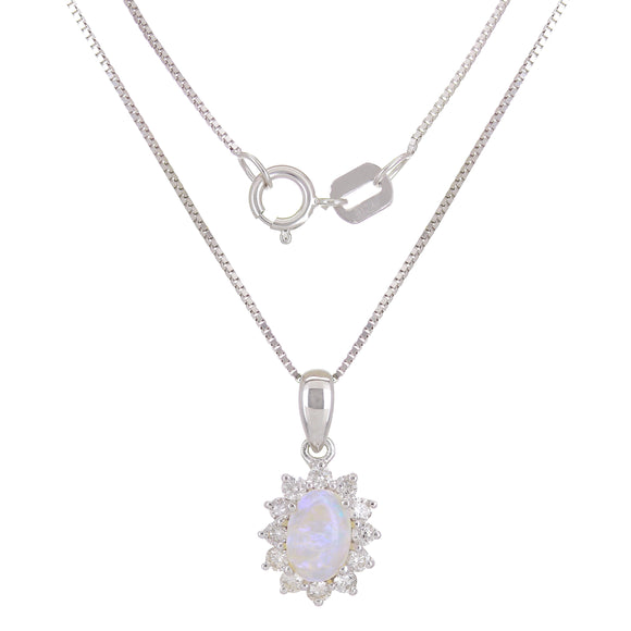 14k White Gold 0.20ctw White Opal & Diamond Oval Cluster Pendant Necklace 18